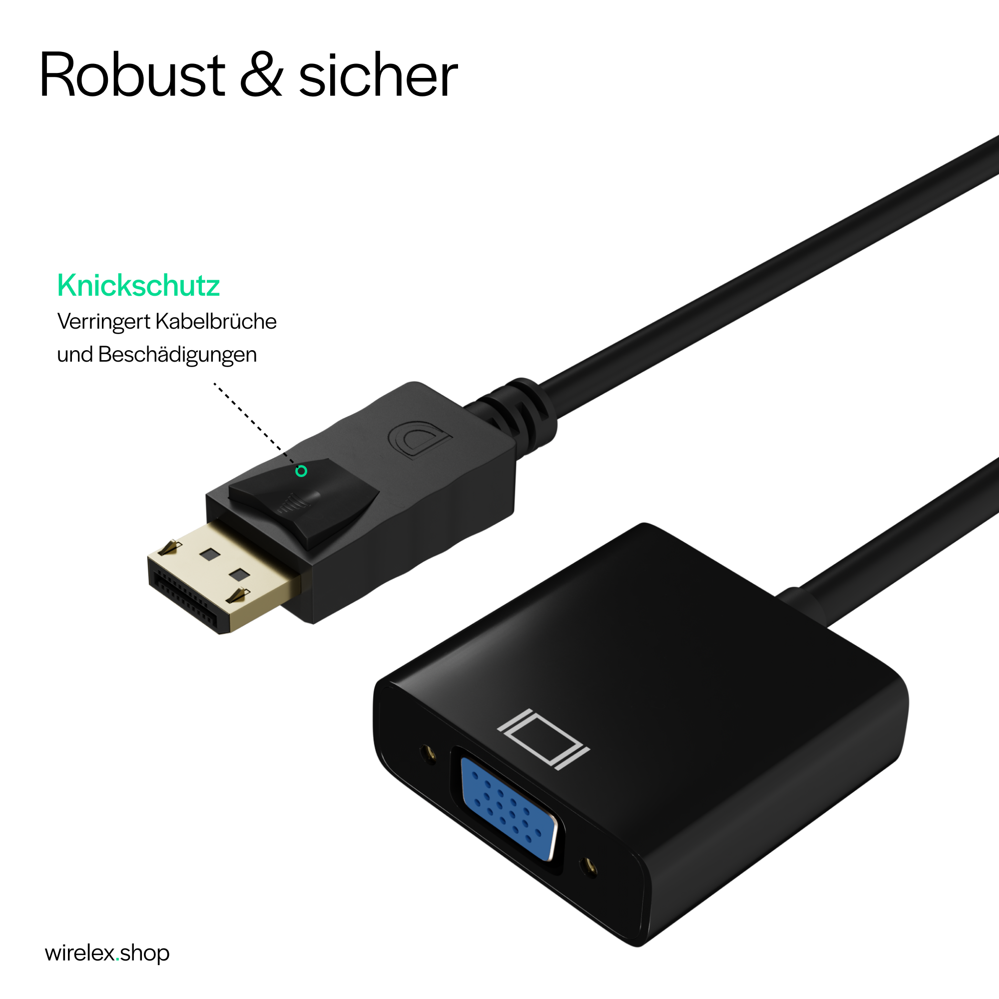 Schwarzes Kabel mit DisplayPort-Anschluss und VGA-Adapter. Text zeigt Schutz an.