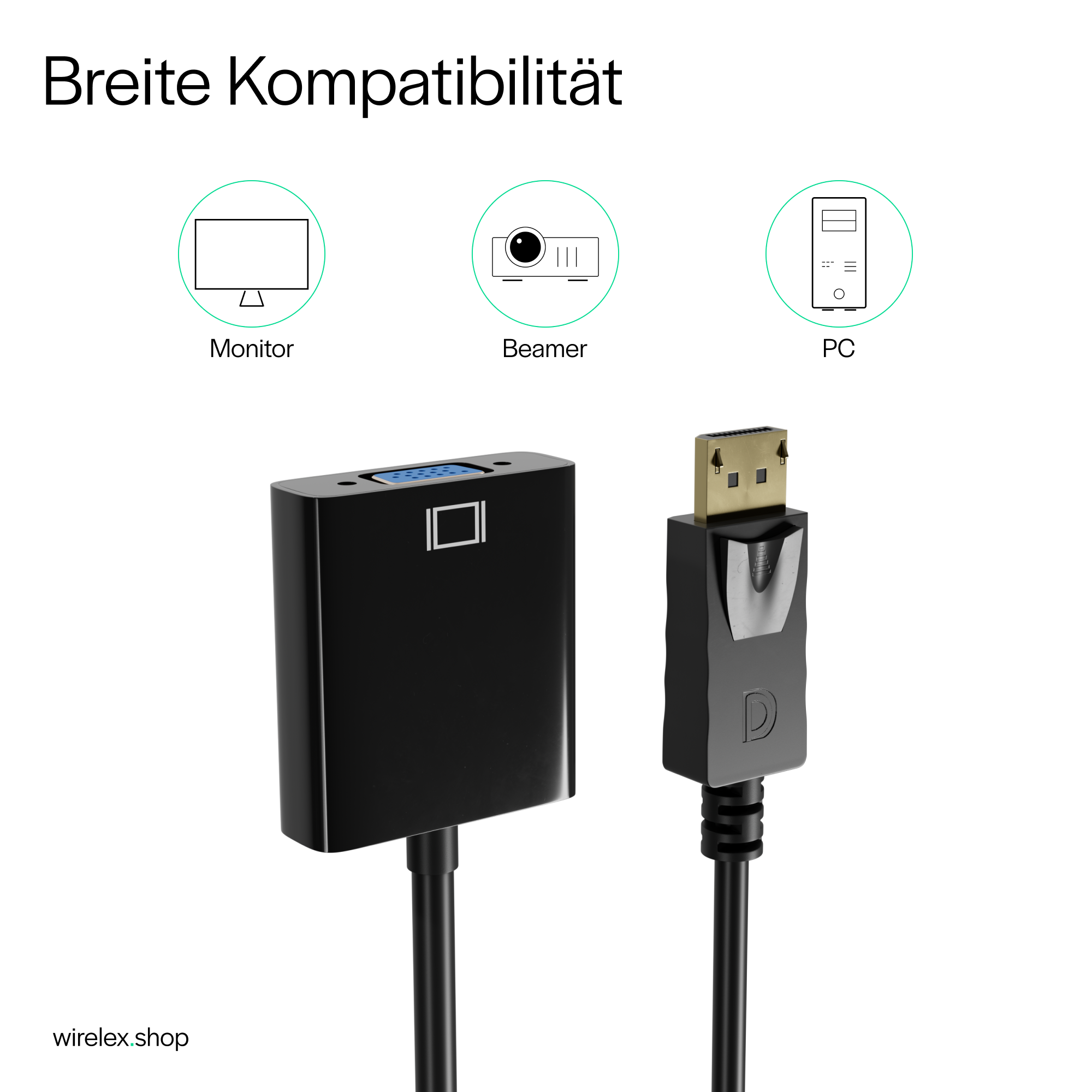 Ein schwarzer Adapter mit Kabel und einem DisplayPort-Kabel. Das Bild hat drei Symbole.