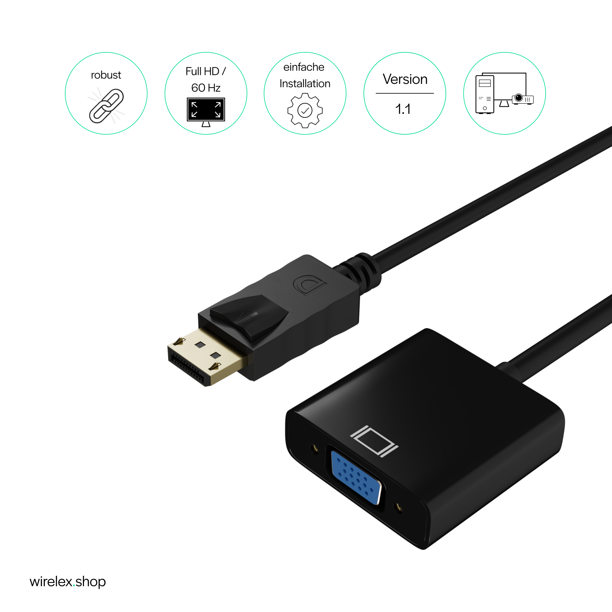 Schwarzer DisplayPort-zu-VGA-Adapter. Enthält Anschluss, Text und Funktionssymbole.