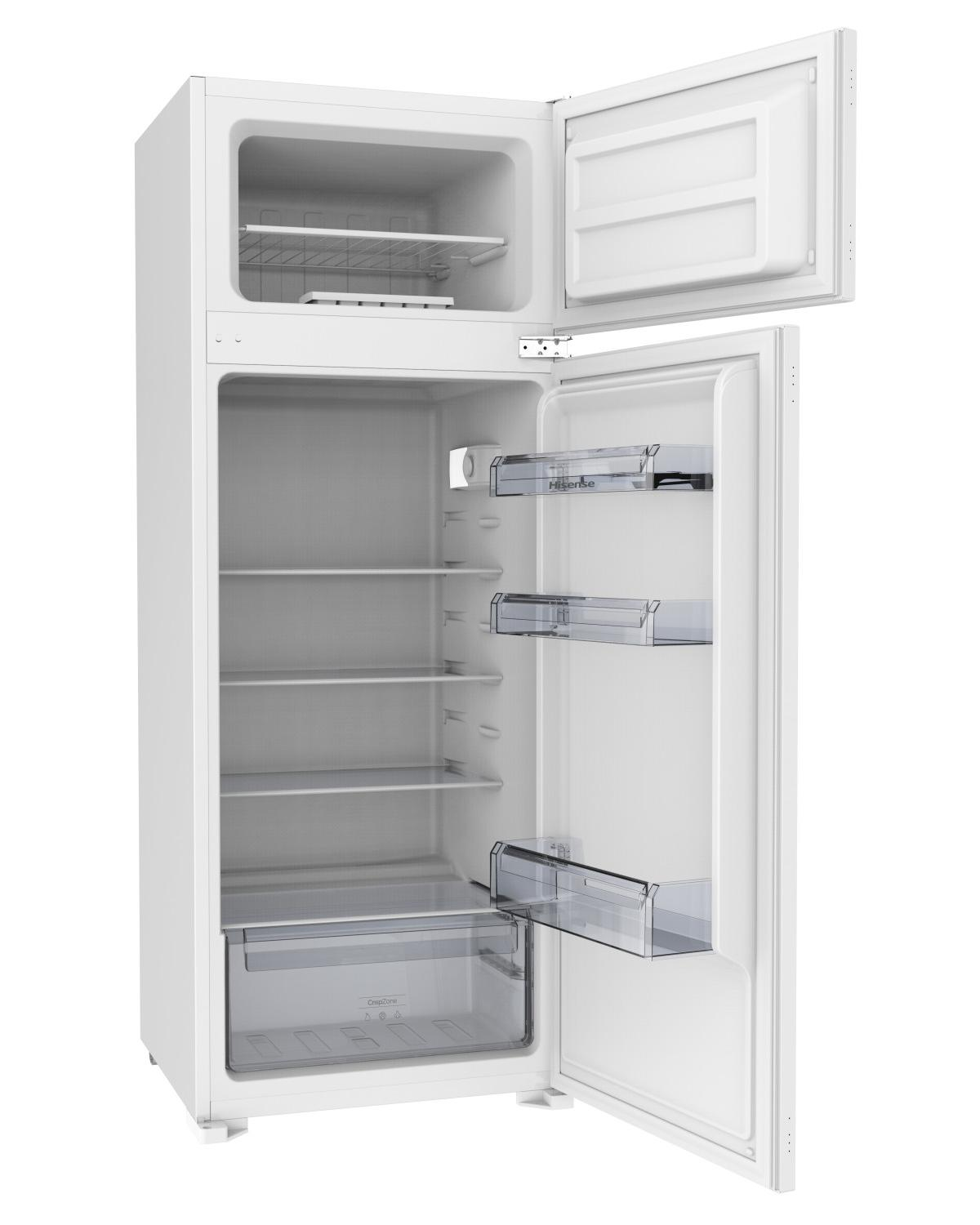 Biała lodówka z otwartymi górnymi i dolnymi przegrodami. Widoczne półki.