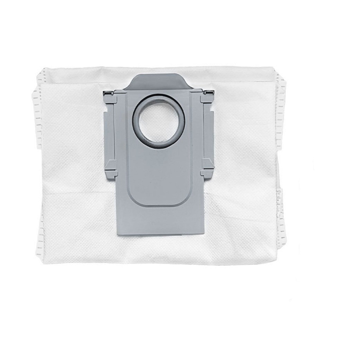 Biały worek do odkurzacza z szarą plastikową nasadką.