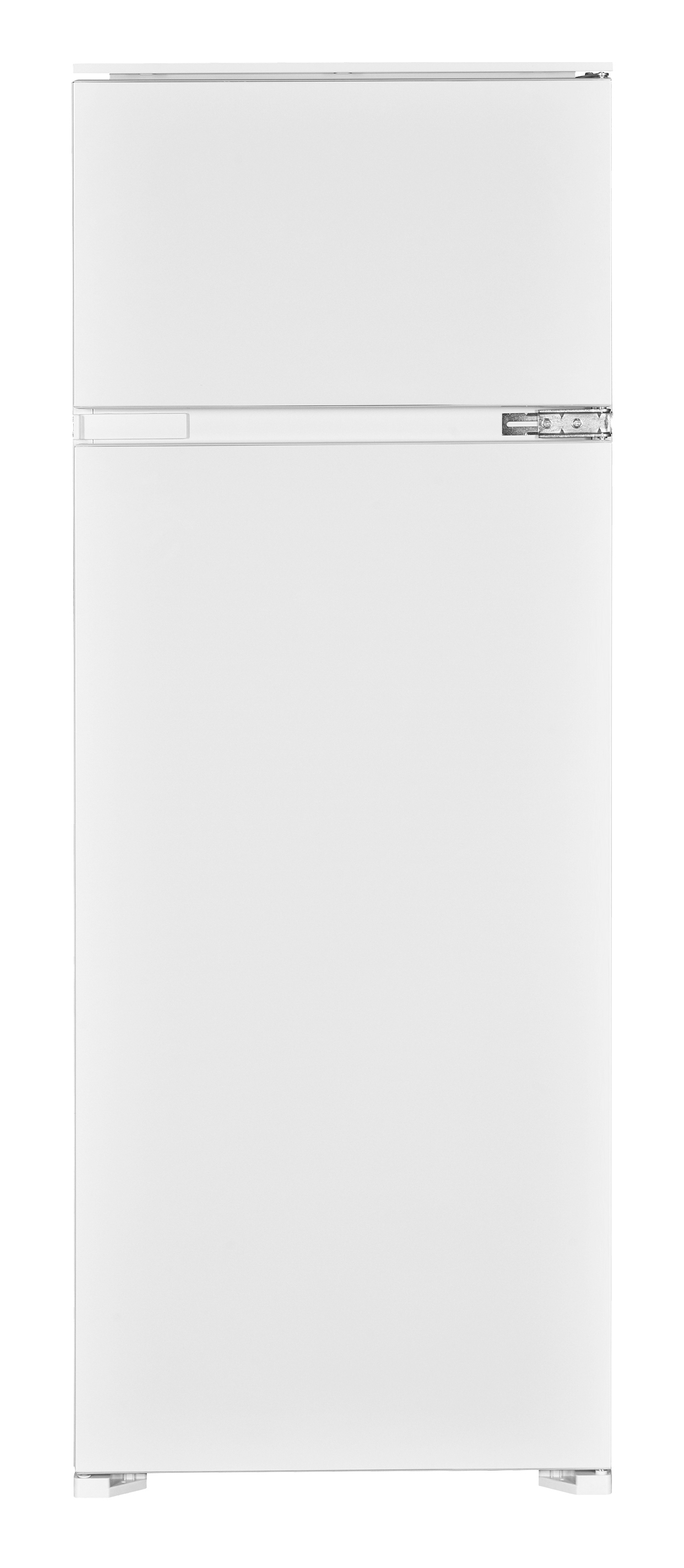 Biała lodówka, widok z przodu, z górną zamrażarką. Drzwi są zamknięte.