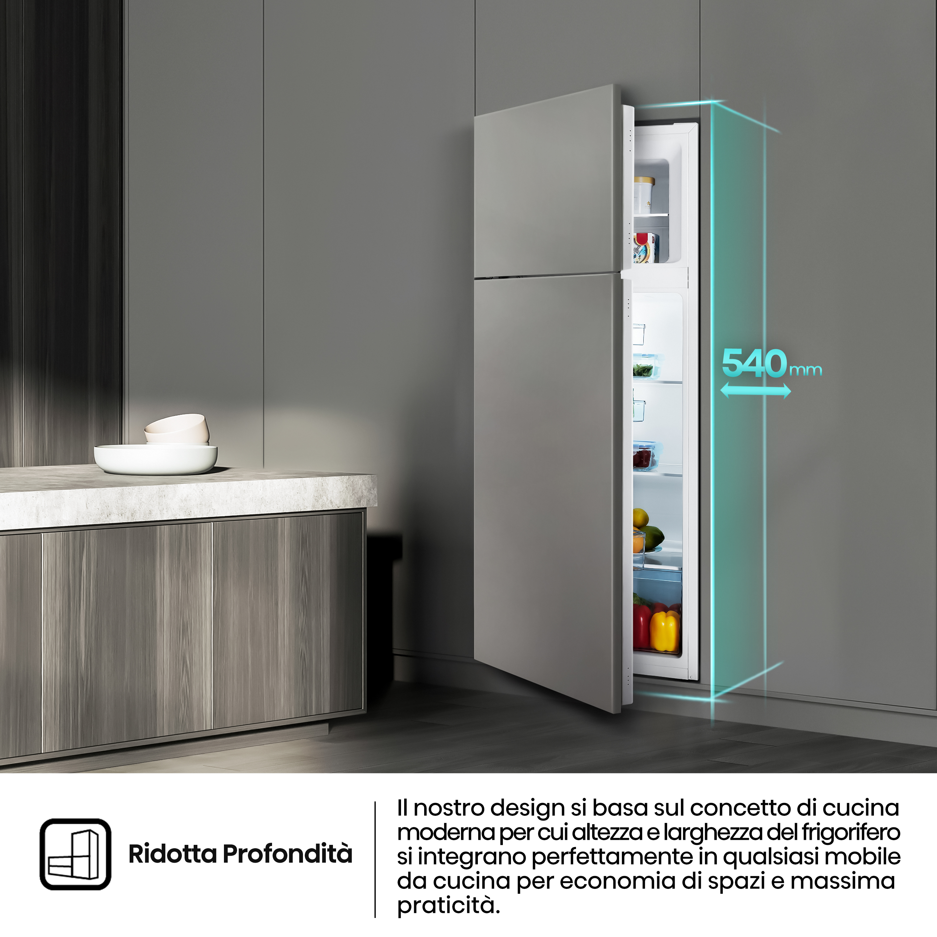 Lodówka z otwartymi drzwiami, pokazująca wnętrze z szufladami i półkami.