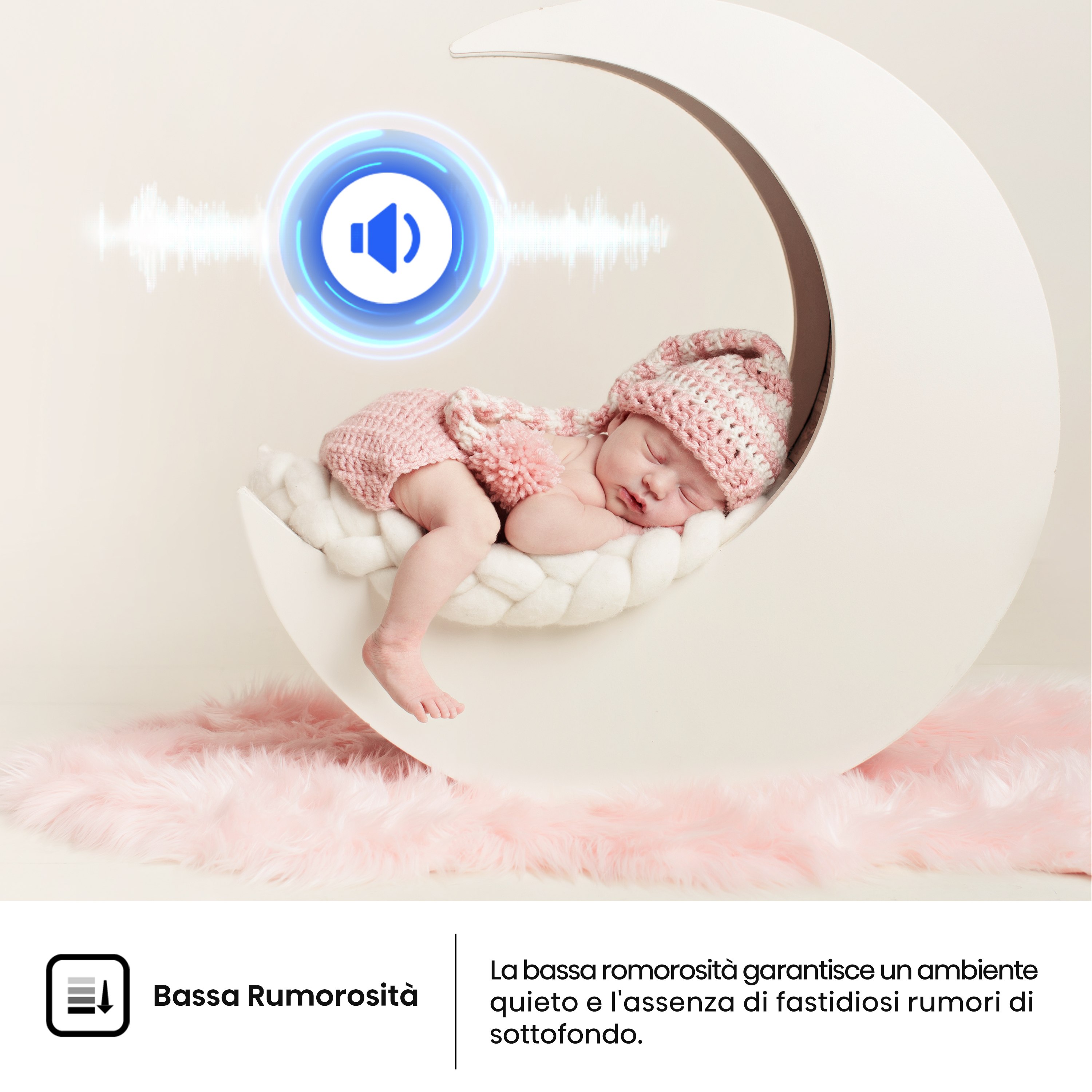 Niemowlę śpiące w łóżeczku w kształcie księżyca z ikoną fali dźwiękowej.