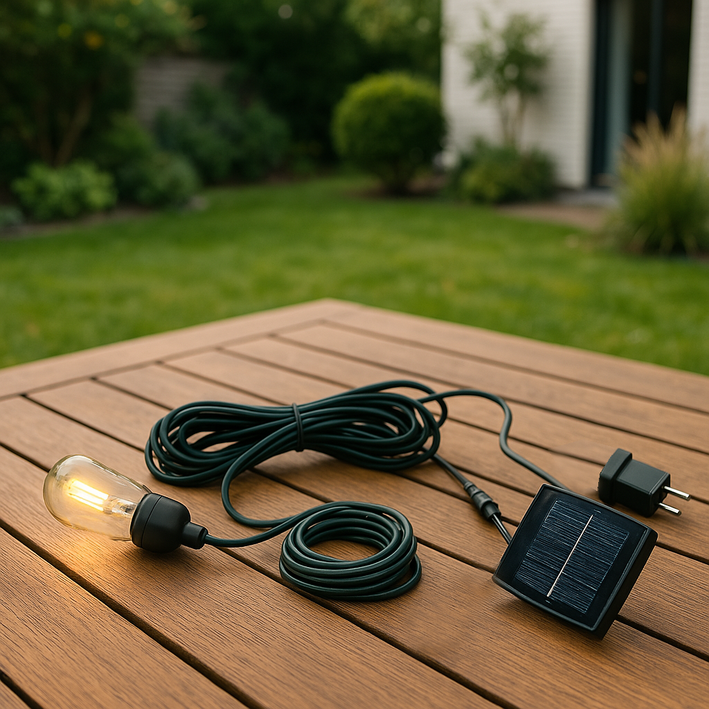 Solarbetriebene Lichterkette auf einem Holztisch. Enthält eine Glühbirne und ein Solarpanel.