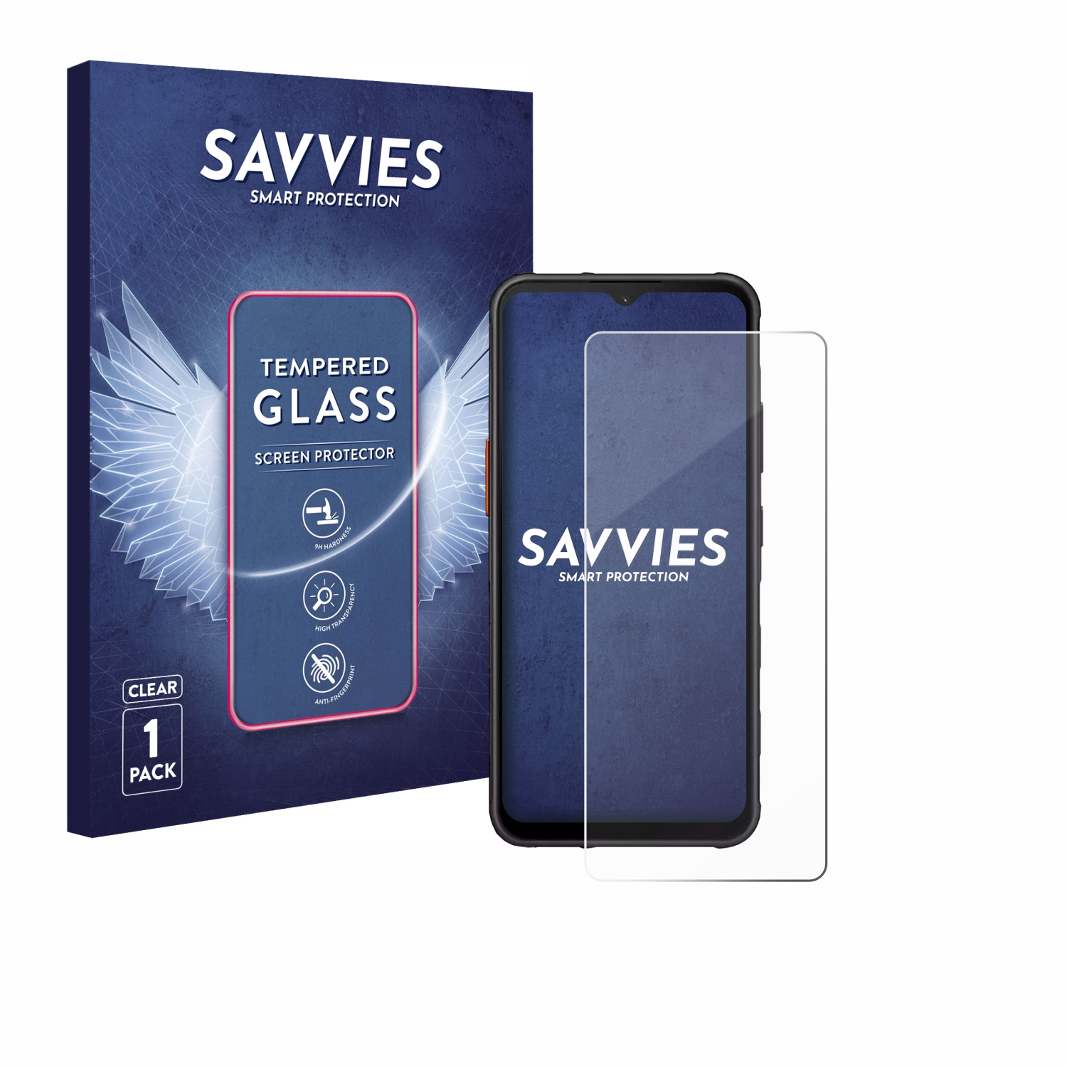 Ein Telefon und eine Displayschutzfolienbox. Die Box hat ein Bild eines Telefons mit Flügeln.