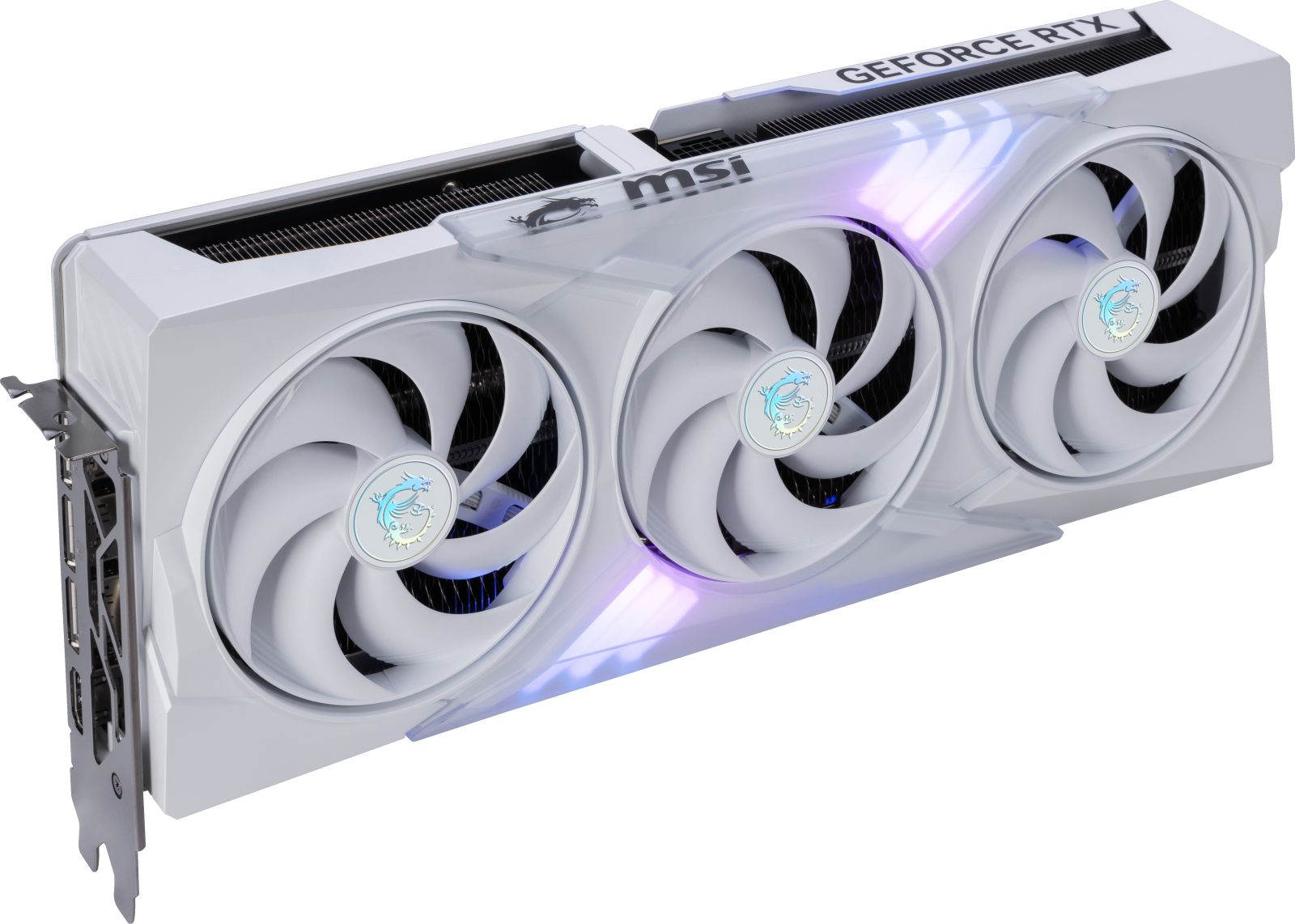 Witte grafische kaart met drie ventilatoren. Tekst: GEFORCE RTX en MSI zijn zichtbaar.