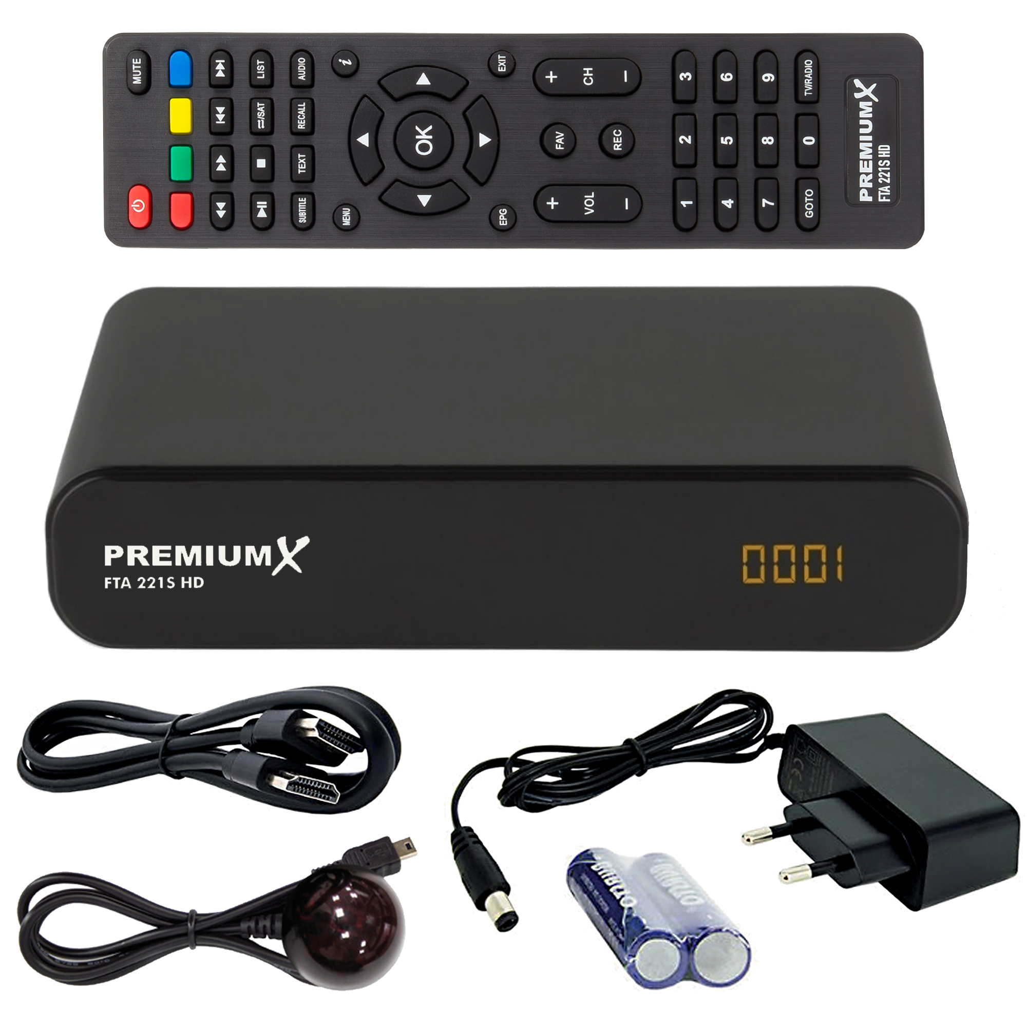 Schwarze Set-Top-Box mit Fernbedienung, Kabeln und Batterien, alles auf weißem Grund.