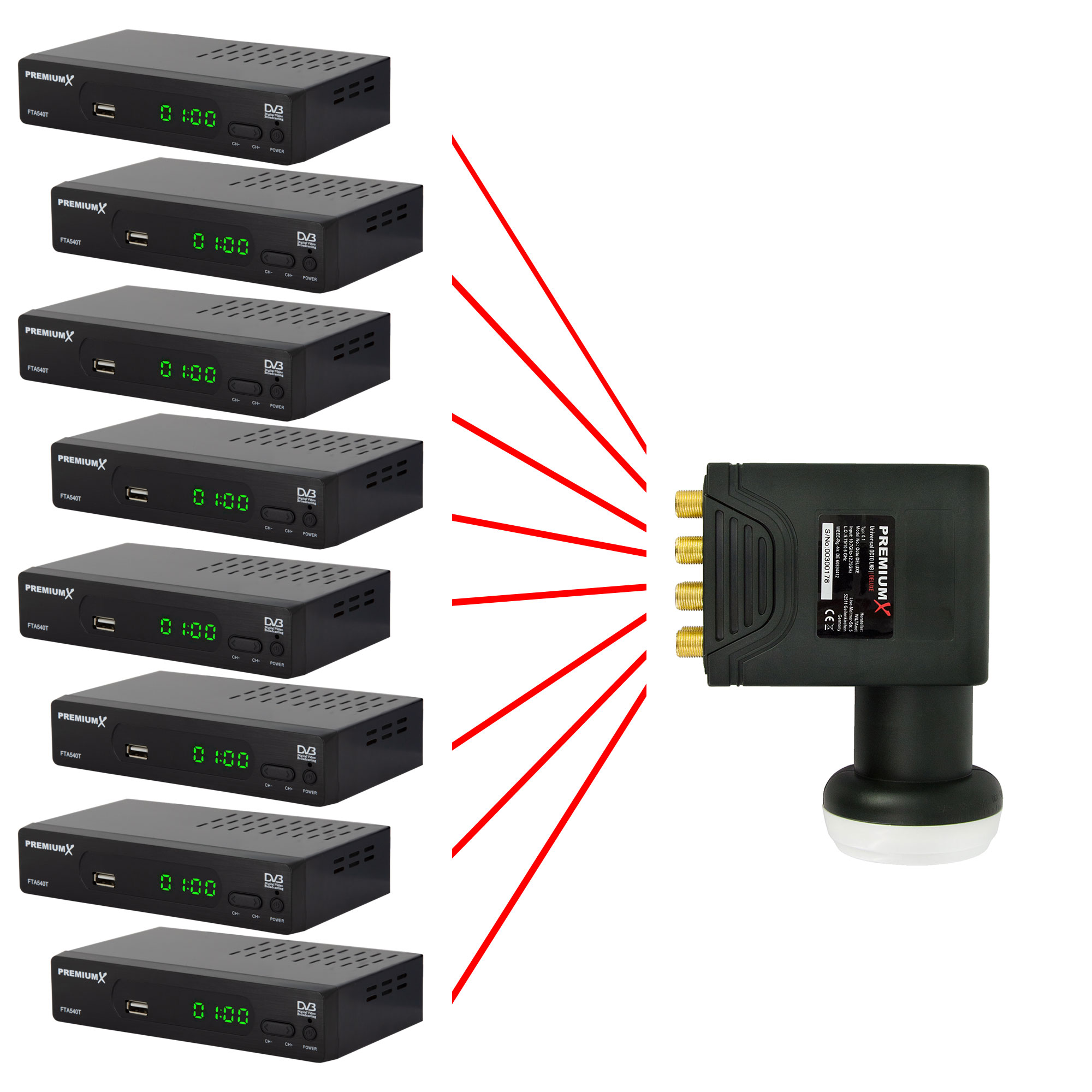 Mehrere schwarze Satellitenempfänger verbunden mit einem Stecker mit roten Linien, isoliert.