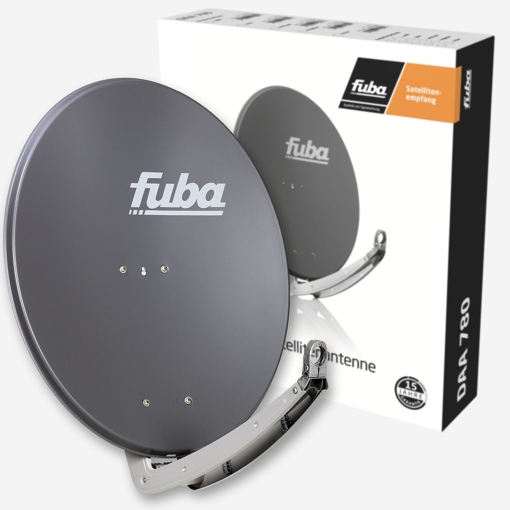 Satellitenschüssel mit dem Markennamen fuba und einer Schachtel im gleichen Design.