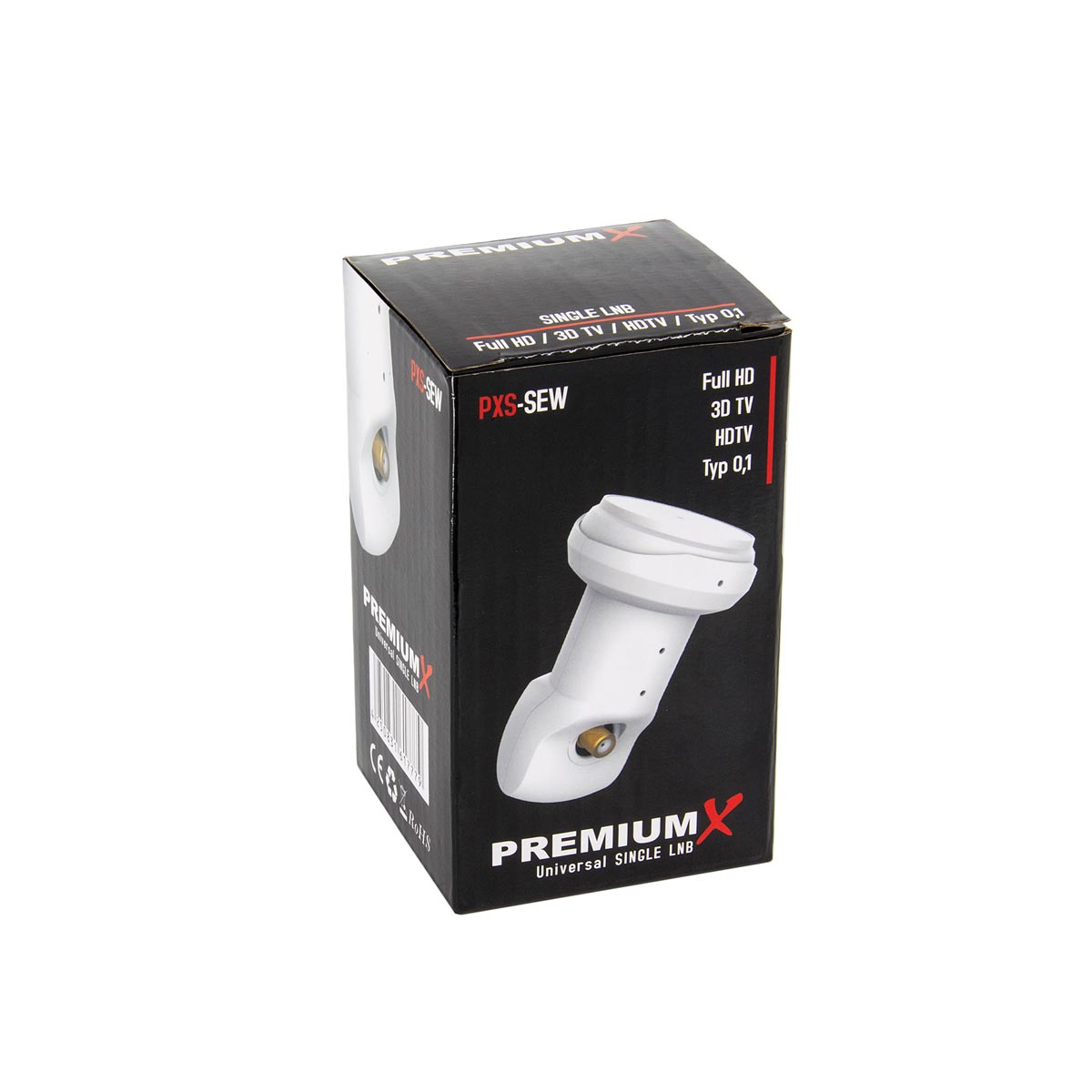 Box mit weißem Satelliten-LNB. Text: PREMIUMX, SINGLE LNB. Schwarze Box, weißer Hintergrund.