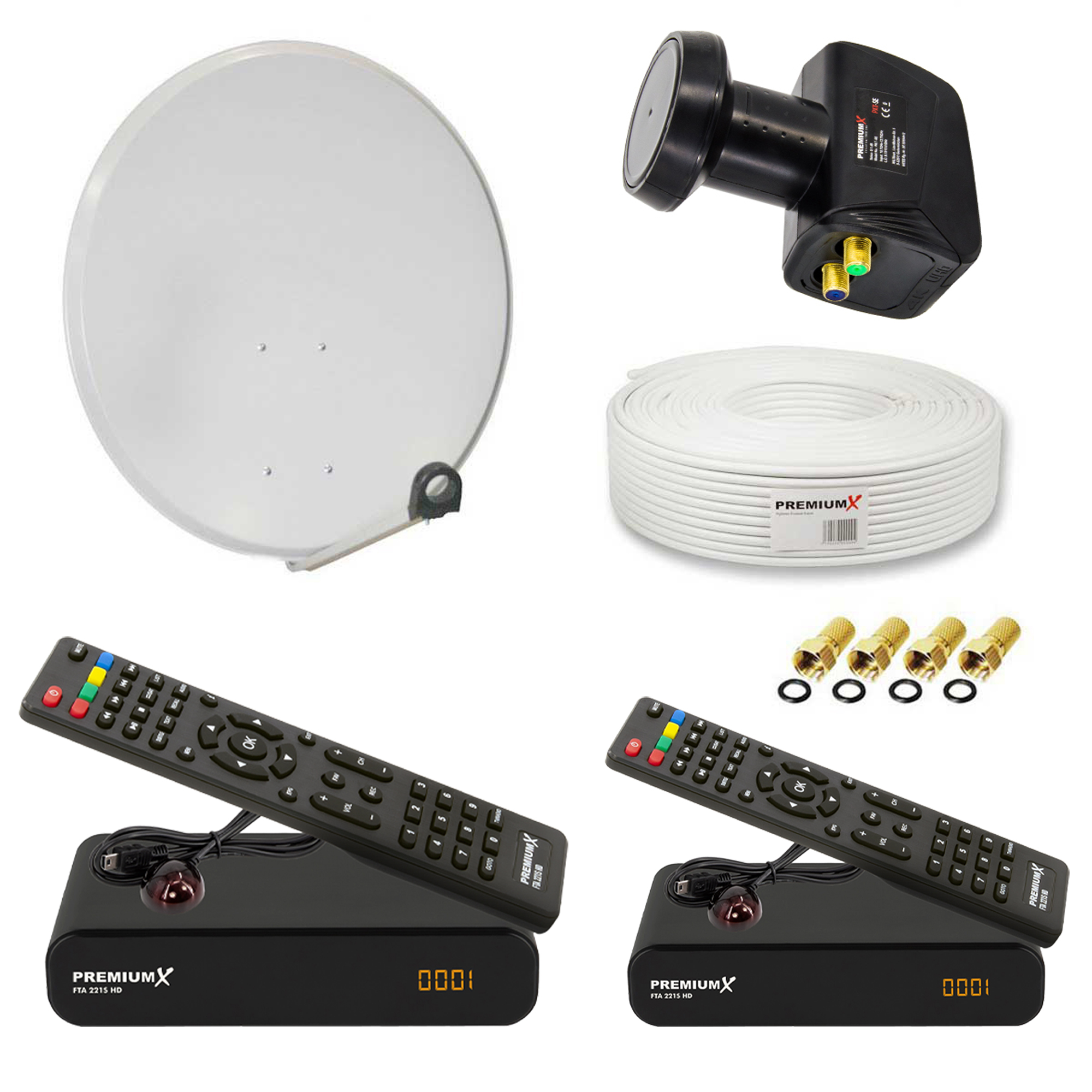 Satellitenschüssel, LNB, Koaxialkabel, Receiver und Fernbedienungen. Komponenten für die Satelliten-TV-Installation.