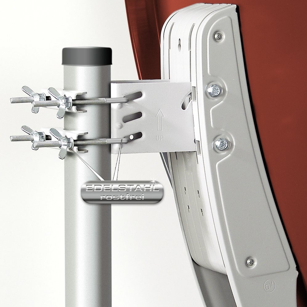 Nahaufnahme der Montagehardware der Satellitenschüssel. Silberne Hardware auf weißem Hintergrund. Text: EDELSTAHL rostfrei.