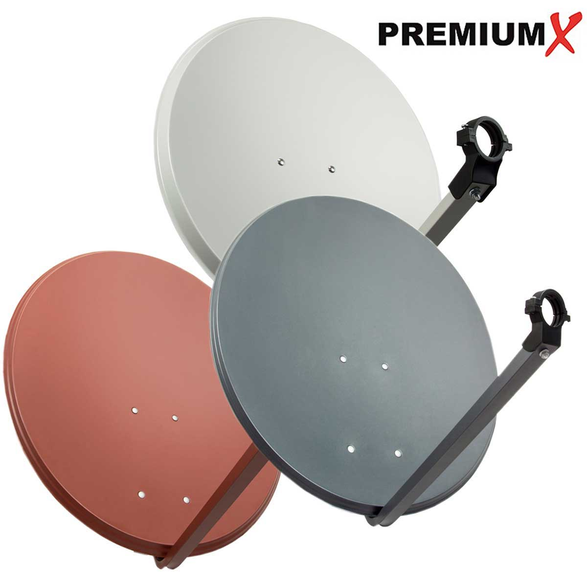Drei Satellitenschüsseln in Weiß, Grau und Kupfer, mit dem Text PREMIUM X. Sie sind zum Betrachter hin angewinkelt.