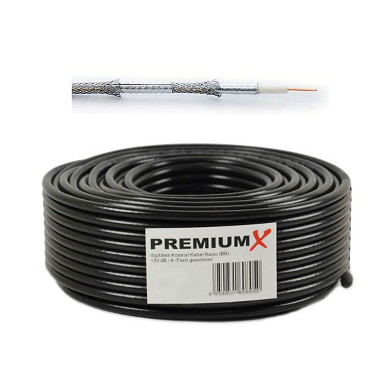 Koaxialkabel in einer Rolle, mit einem Querschnitt darüber. Schwarzes Kabel mit weißen und silbernen Schichten.