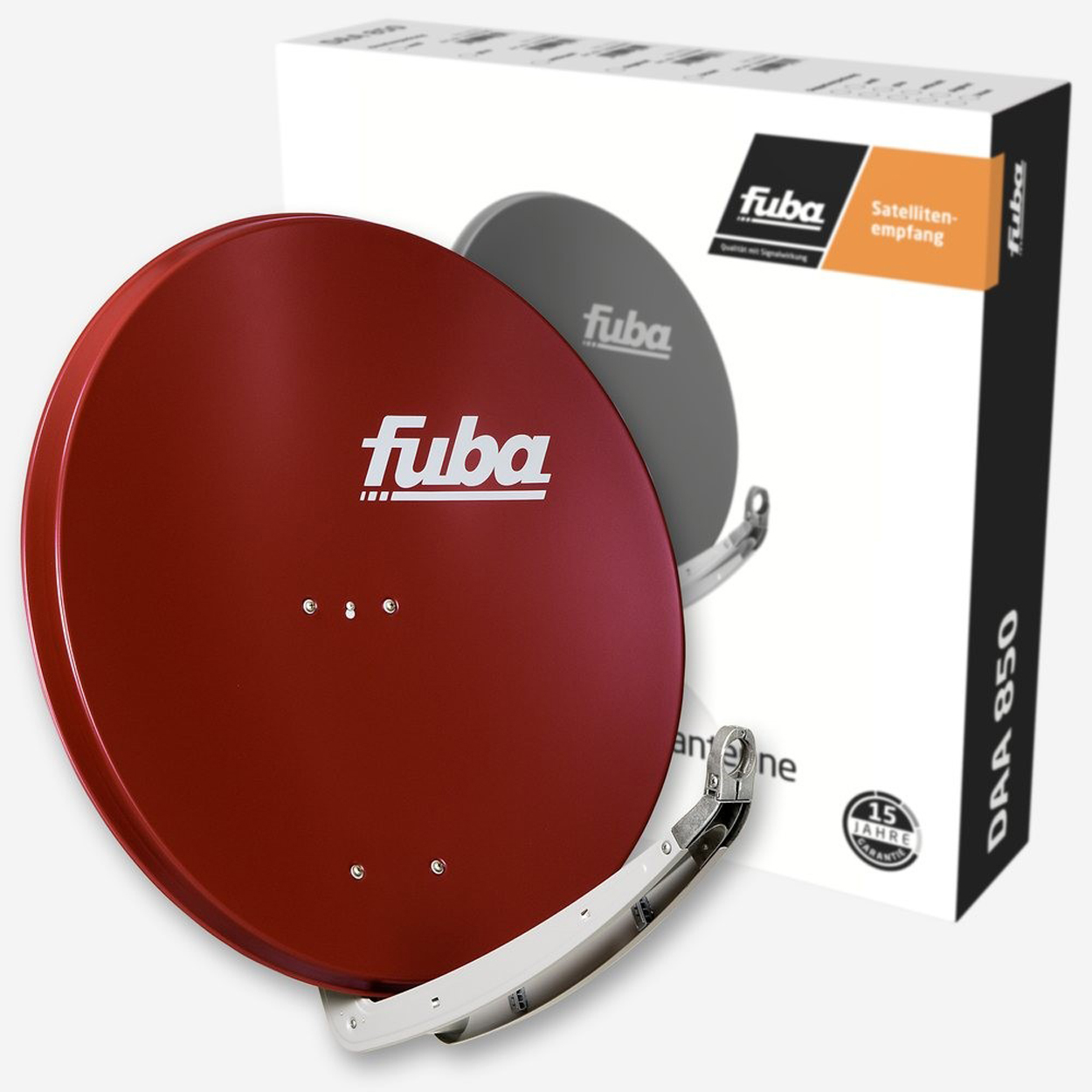Eine rote Satellitenschüssel mit einer Box. Die Box zeigt ein Bild der Schüssel mit dem Logo: fuba.
