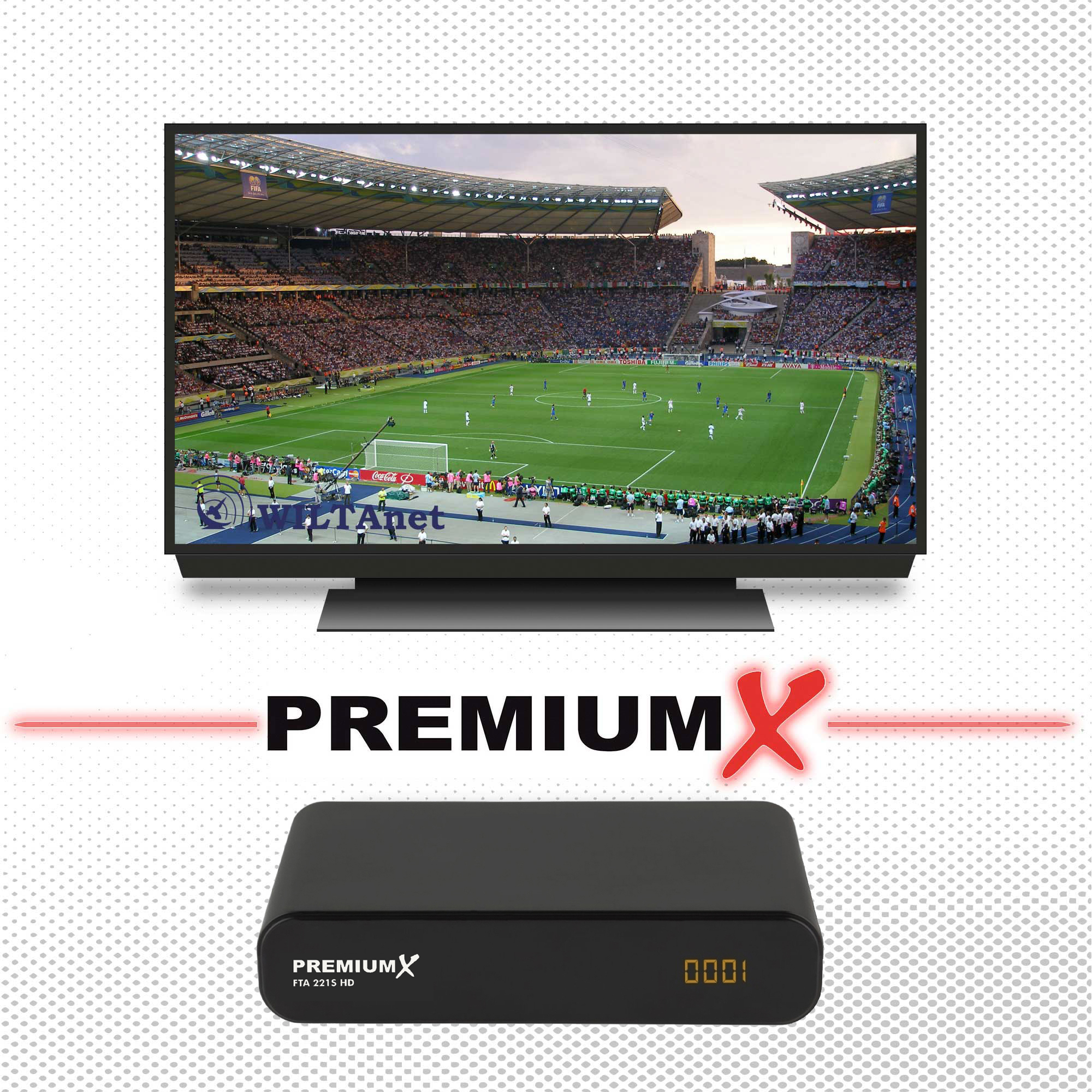 Ein Fernseher, der ein Fußballspiel zeigt. Ein Receiver und die Worte PREMIUMX stehen unter dem Fernseher.