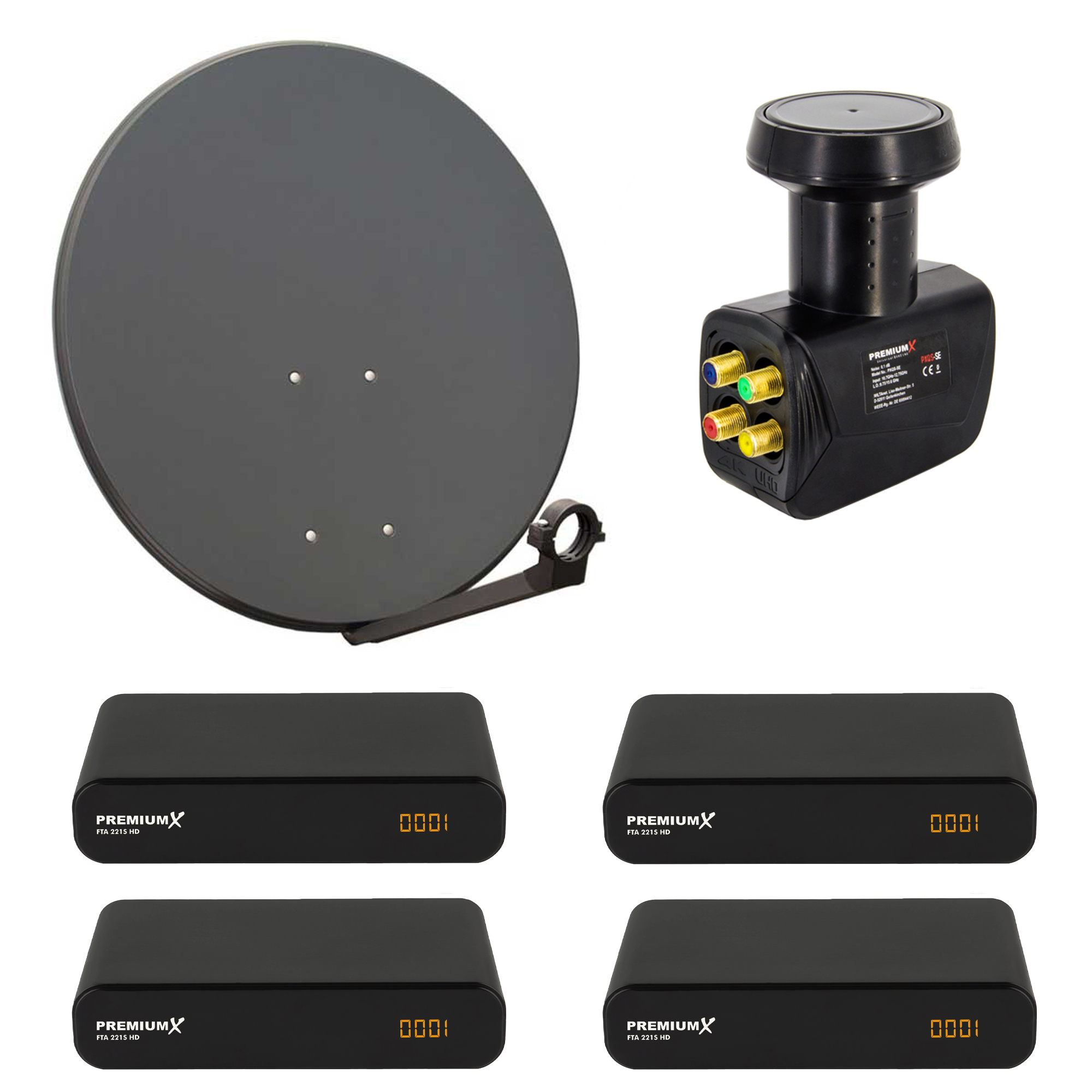 Satellitenschüssel, Receiver und vier schwarze Decoder. Die Objekte sind auf weißem Hintergrund angeordnet.
