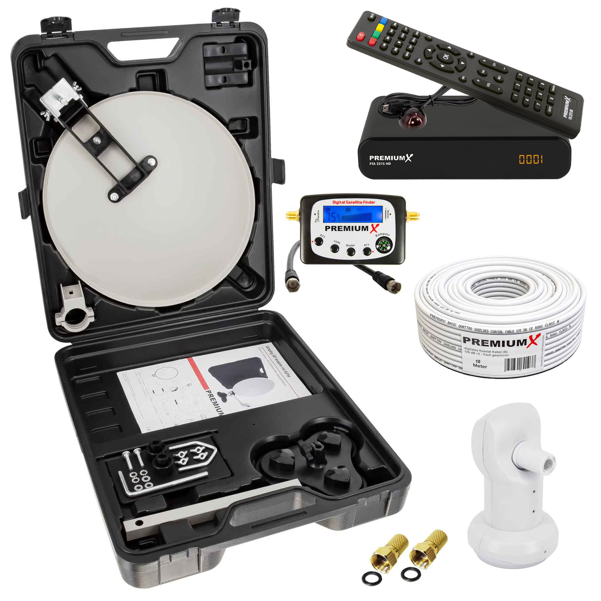 Satellitenschüssel-Kit in einem Koffer, inkl. Schüssel, Empfänger, Finder, Kabel, LNB, Fernbedienung und Werkzeug.