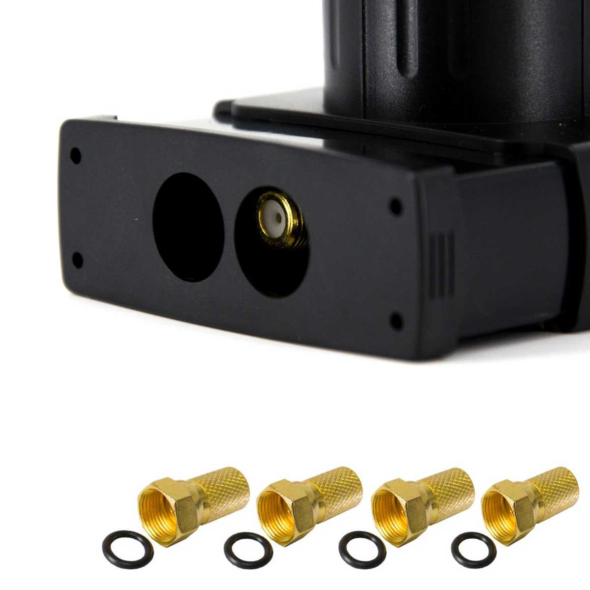 Nahaufnahme eines schwarzen Geräts mit goldenen Steckverbindern und schwarzen O-Ringen.