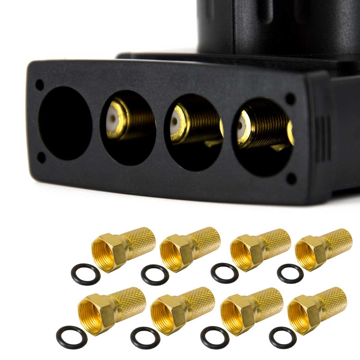 Eine schwarze Box mit mehreren Öffnungen für Anschlüsse. Goldene Anschlüsse und schwarze Ringe sind sichtbar.