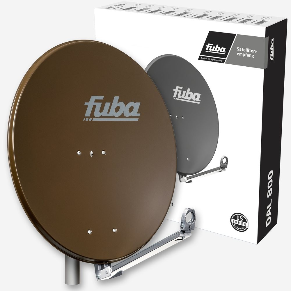 Braune Satellitenschüssel und eine Box mit ähnlichem Bild. Weißer Hintergrund. Text sagt "fuba".