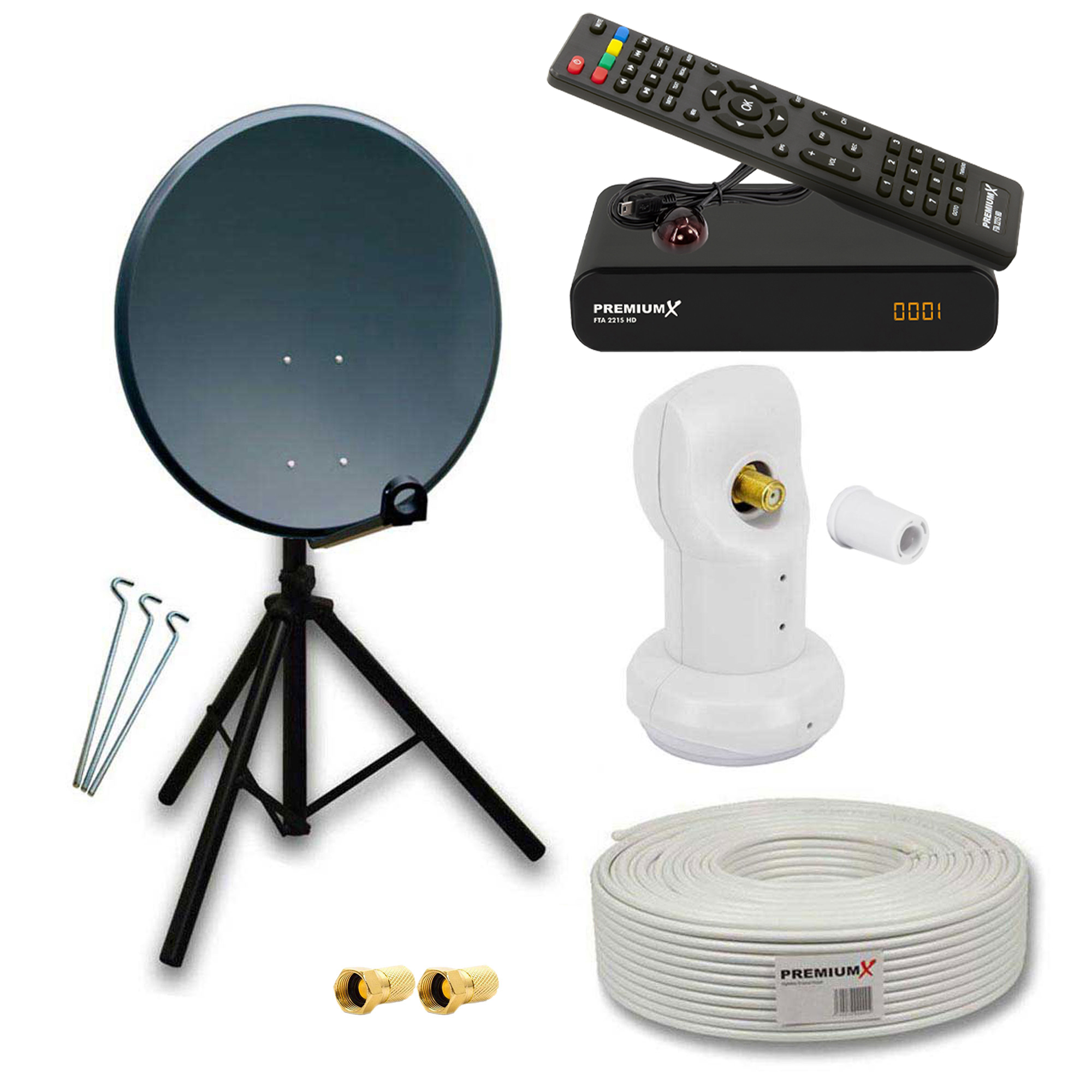 Satellitenschüssel, Stativ, weiße Kabel, Empfänger, Fernbedienung, LNB und Stecker. Alles schwarz und weiß.