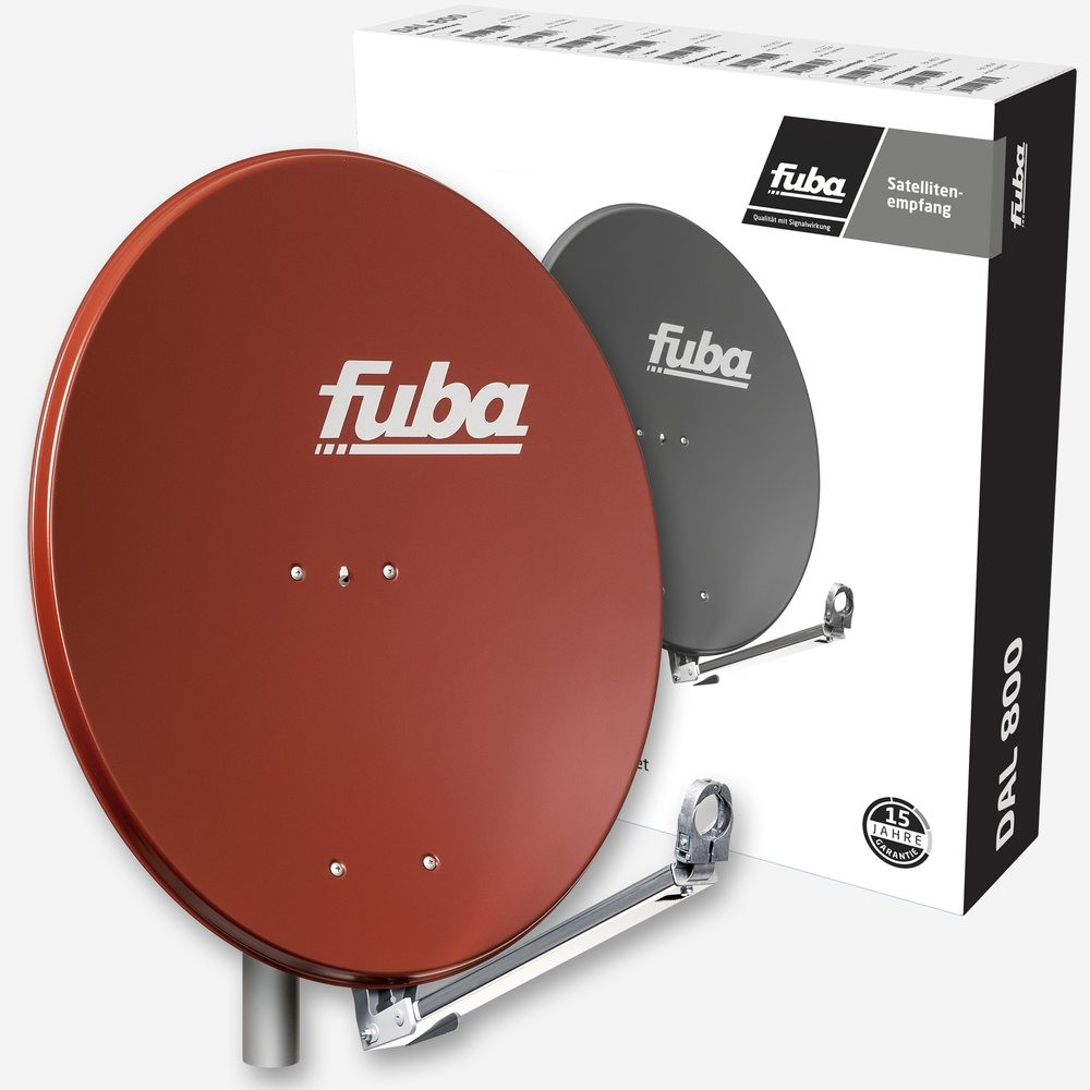 Eine rote Satellitenschüssel mit dem 'fuba'-Logo und eine Box mit einer grauen Schüssel. Text: DAL 800, fuba.