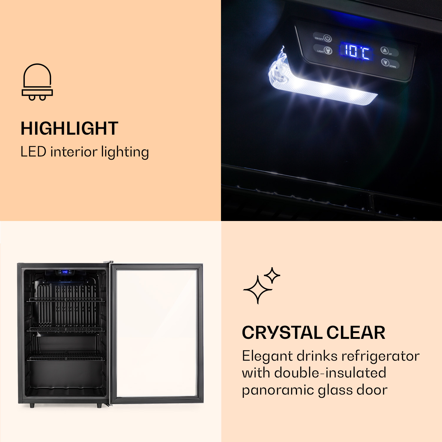 Frigorifero nero con porta in vetro. Interno con luce a LED e display della temperatura.