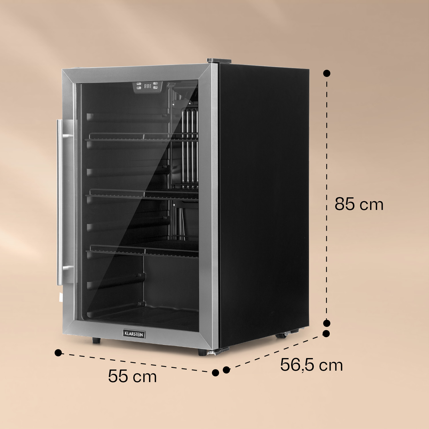 Un frigorifero nero e argento con porta a vetro e dimensioni di 55x56,5x85 cm su sfondo beige.
