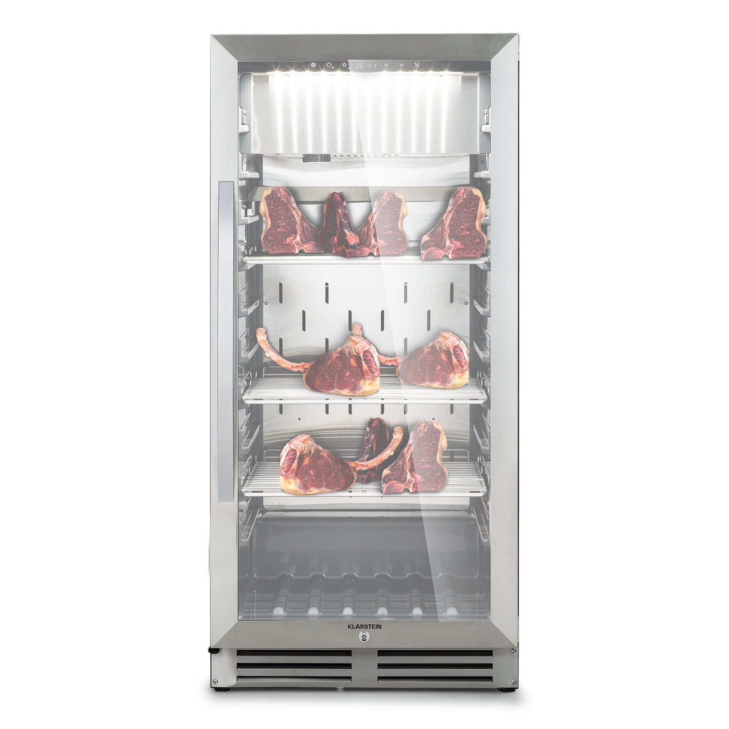 Edelstahl-Fleischkühlschrank mit Steaks. Weißer Hintergrund.