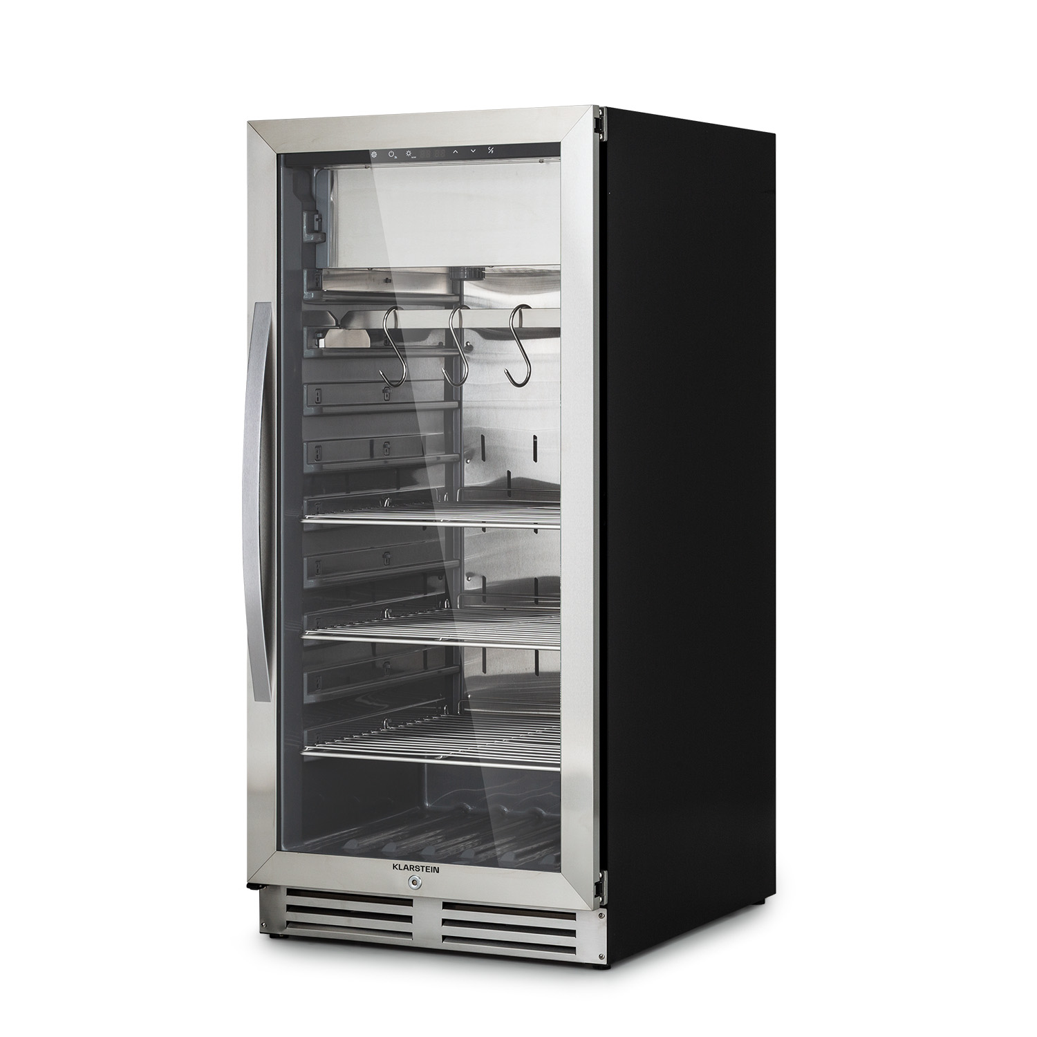 Edelstahlkühlschrank mit Glastür, Regalen innen. Schwarze Seitenwand sichtbar. Weißer Hintergrund.