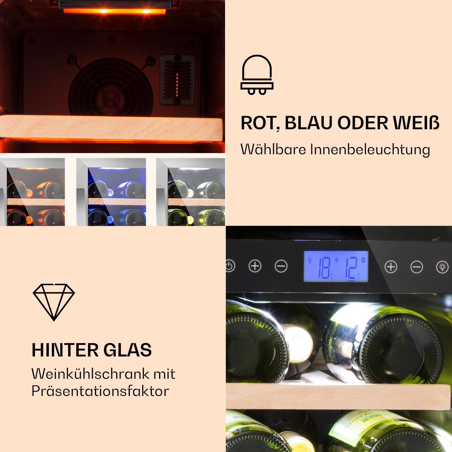 Interno di un refrigeratore per vino con luci, bottiglie e display del pannello di controllo.