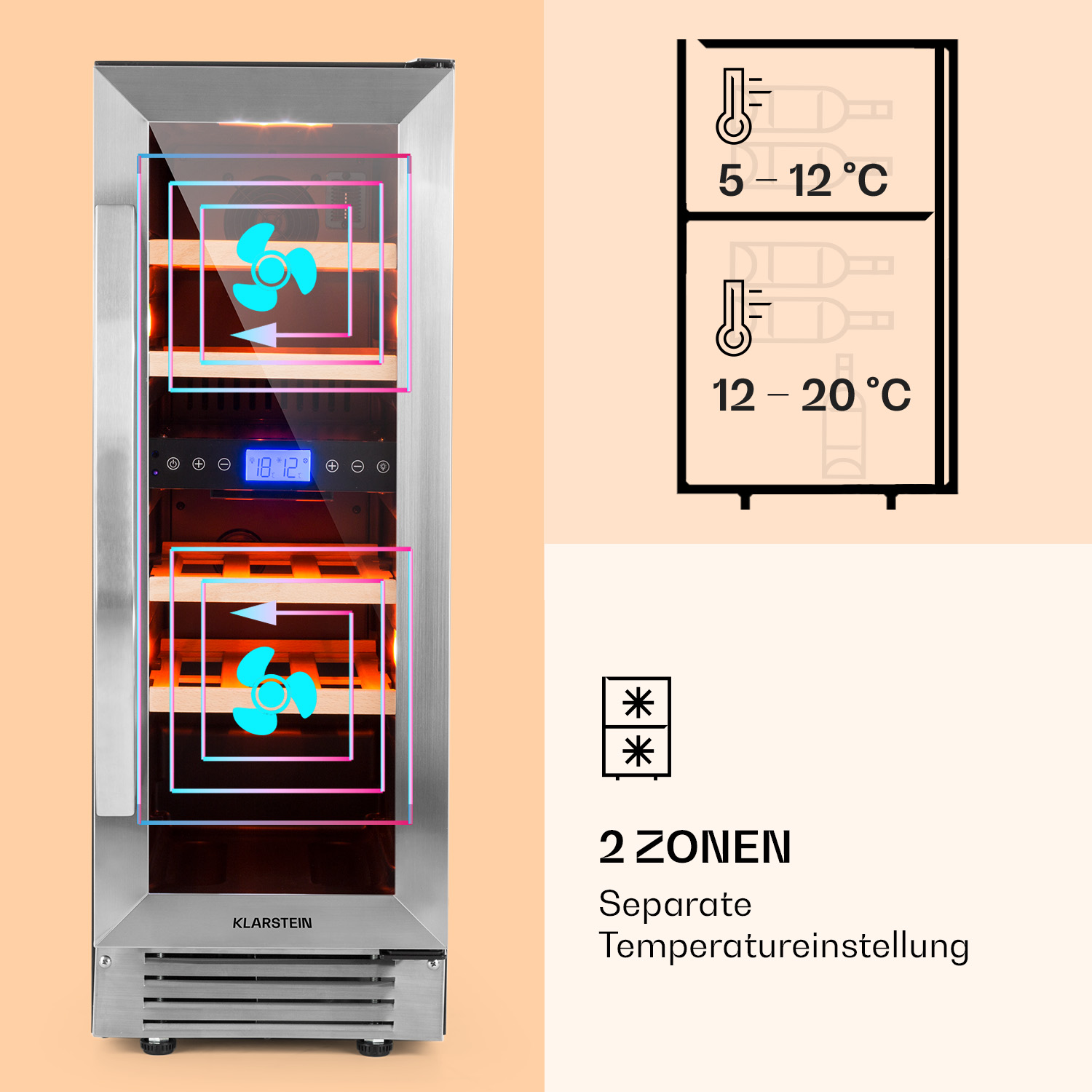 Un refrigeratore per vino a doppia zona con display della temperatura e un diagramma che mostra due zone di temperatura.