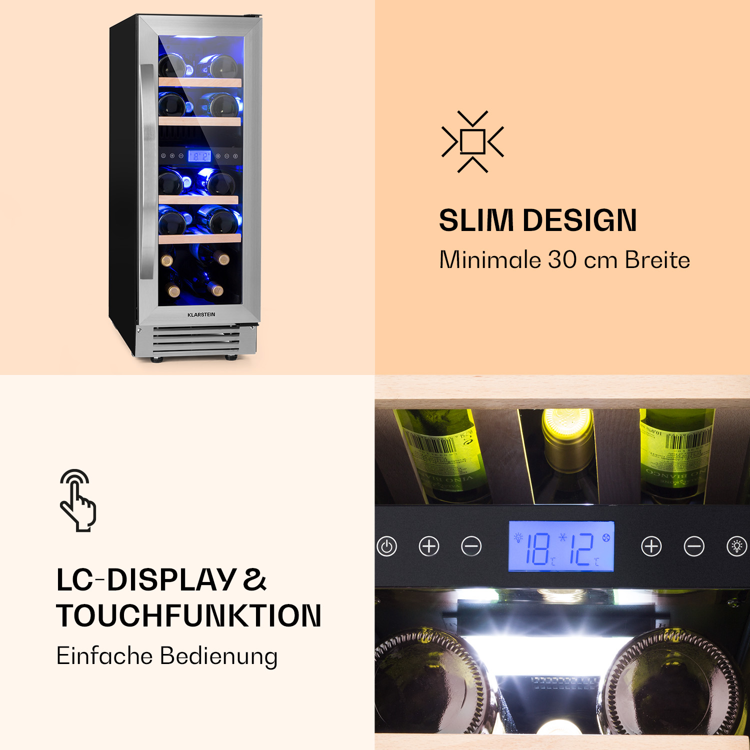 Frigorifero per vino con bottiglie. Visualizza la temperatura. Il testo descrive il design e le funzioni touch del refrigeratore.