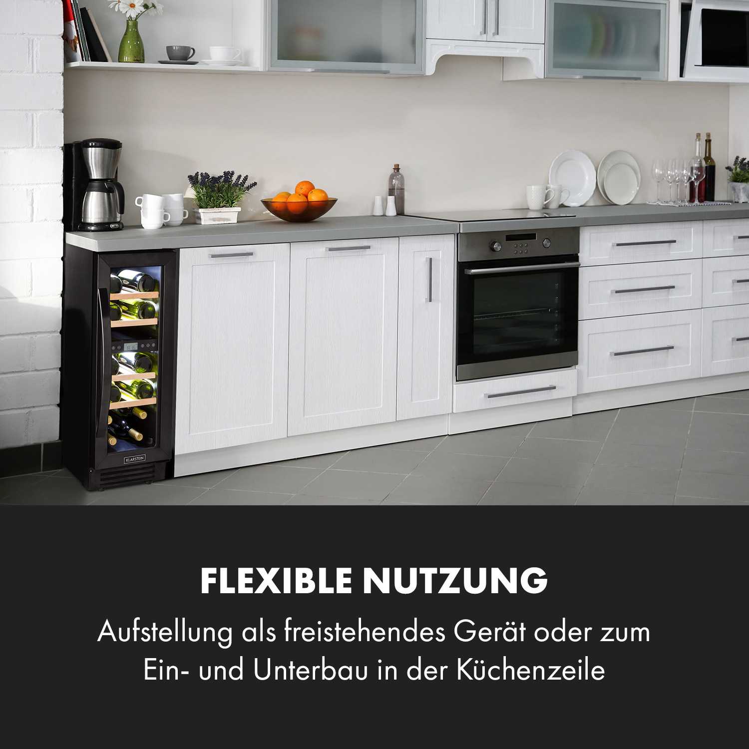 Una cucina con cantinetta, forno, armadi e piani di lavoro, che illustra opzioni di installazione flessibili.