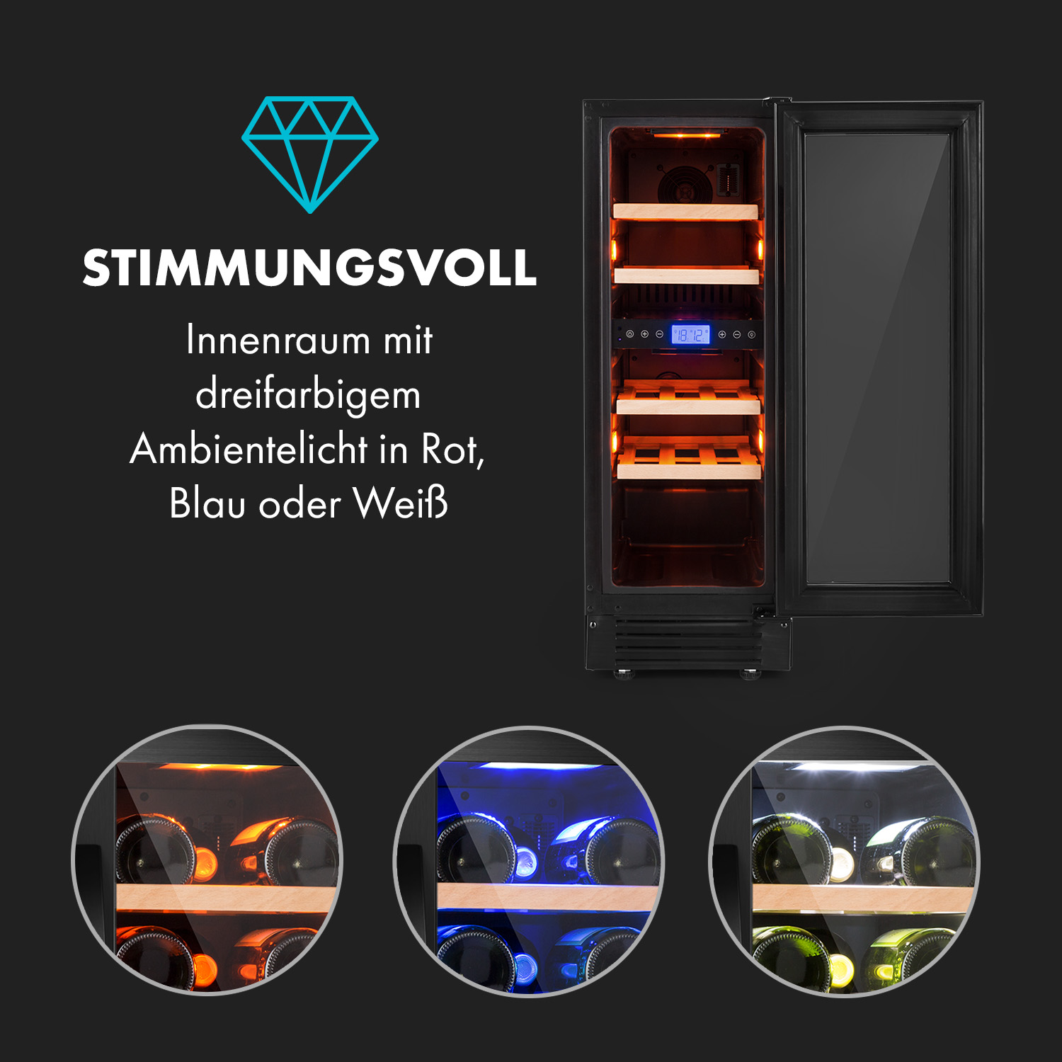 Un refrigeratore per vino con porta a vetri aperta. Mostra diverse opzioni di illuminazione: rosso, blu e bianco all'interno.