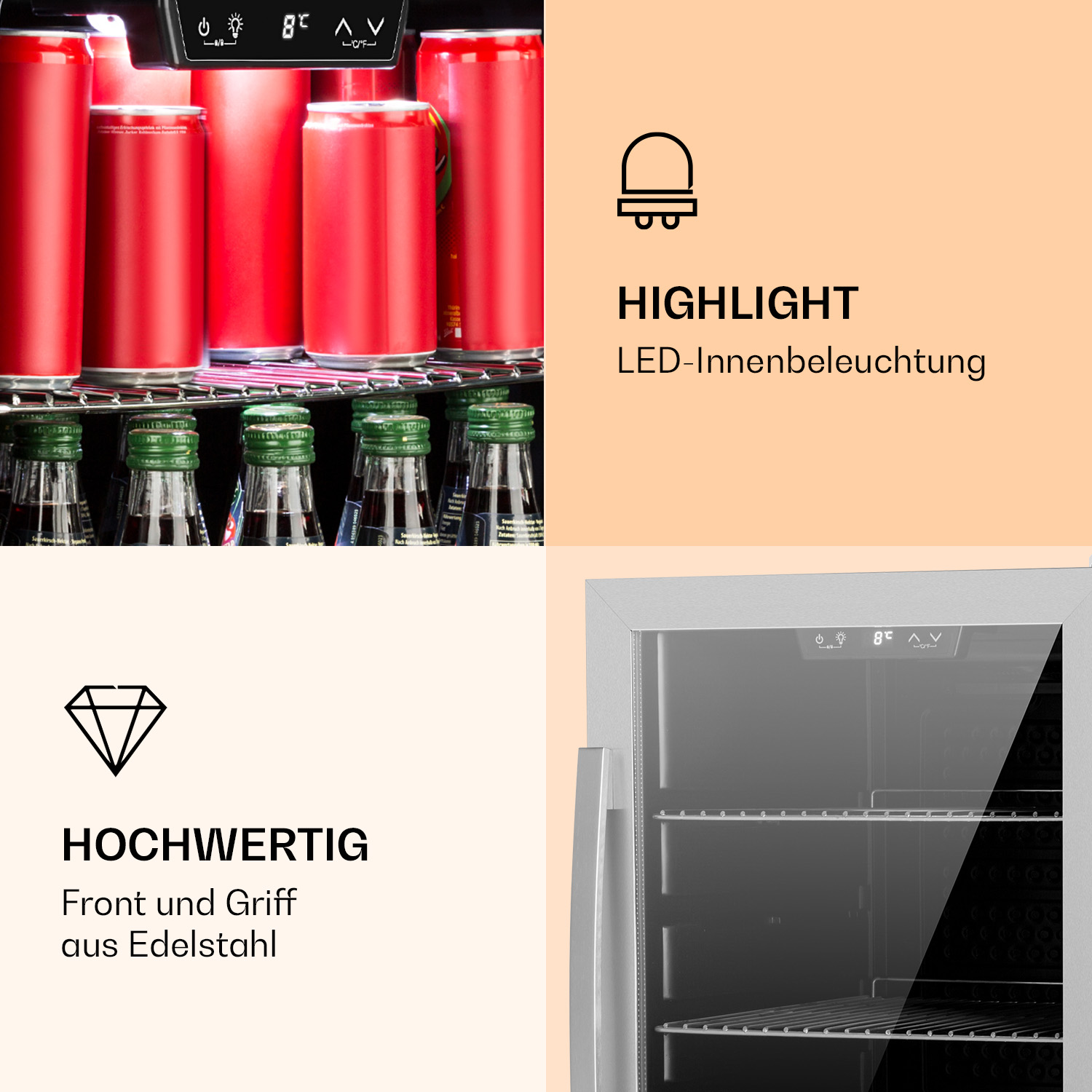 Ein Kühlschrank mit roten Dosen und Flaschen im Inneren. Text hebt LED-Beleuchtung und Edelstahl hervor.