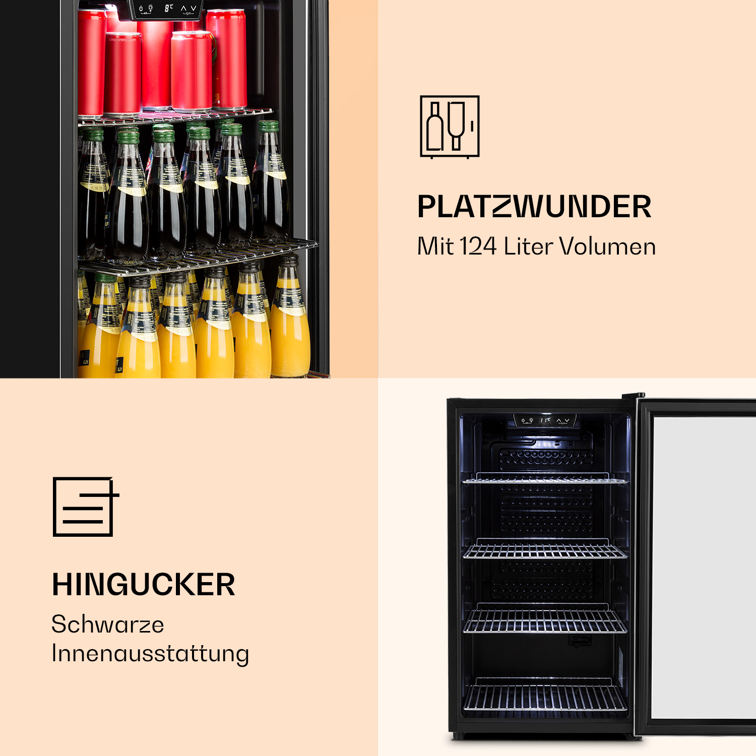 Ein schwarzer Mini-Kühlschrank mit Regalen voller Getränke und einem Text-Overlay, das seine Funktionen beschreibt.