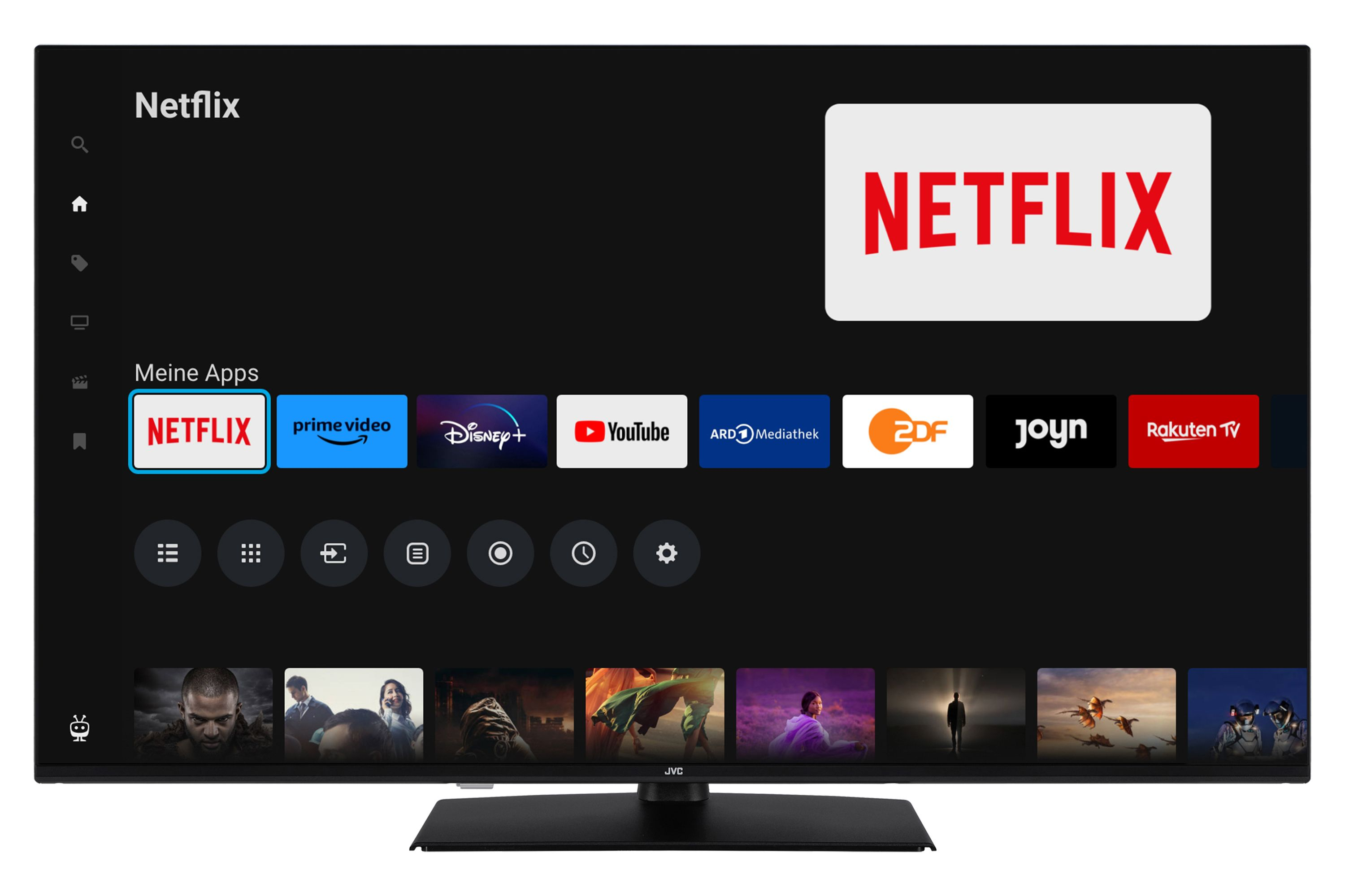 Ein Fernsehbildschirm zeigt die Netflix-App und andere Streaming-Dienstsymbole. Der Hintergrund ist dunkel.