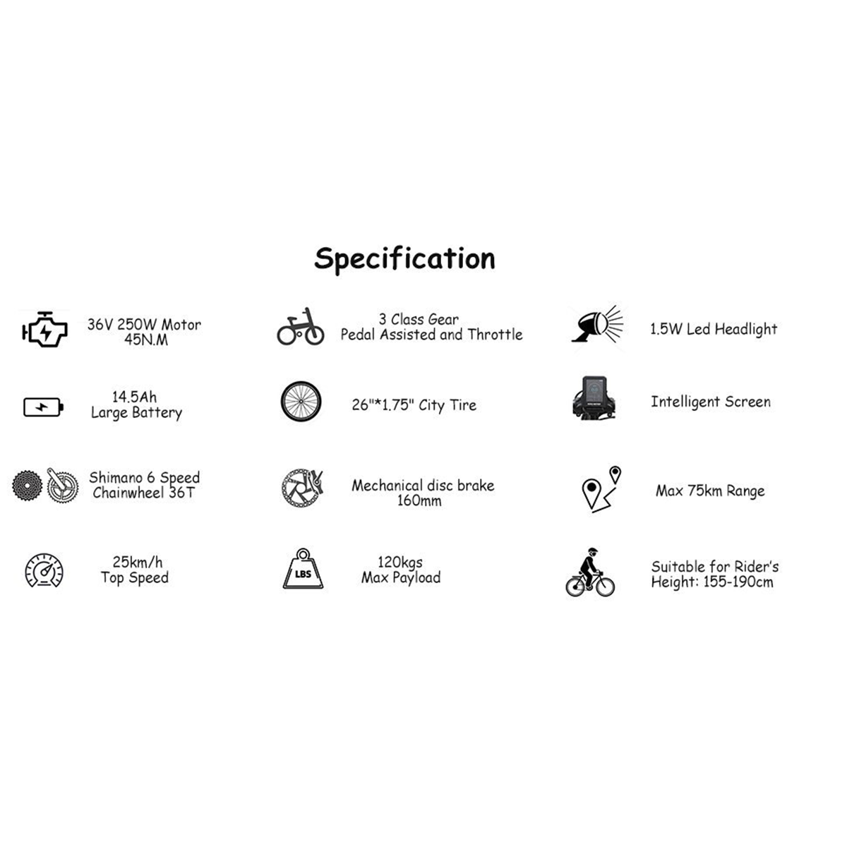 Specyfikacje roweru elektrycznego. Zawiera silnik, akumulator, biegi, rozmiar opony, hamulce tarczowe i szczegóły zasięgu.