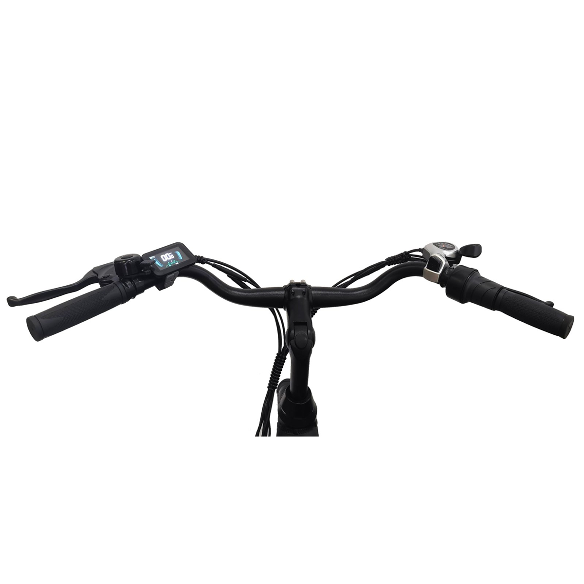 Kierownica roweru, czarna, z dźwigniami hamulców, małym wyświetlaczem i kontrolkami.