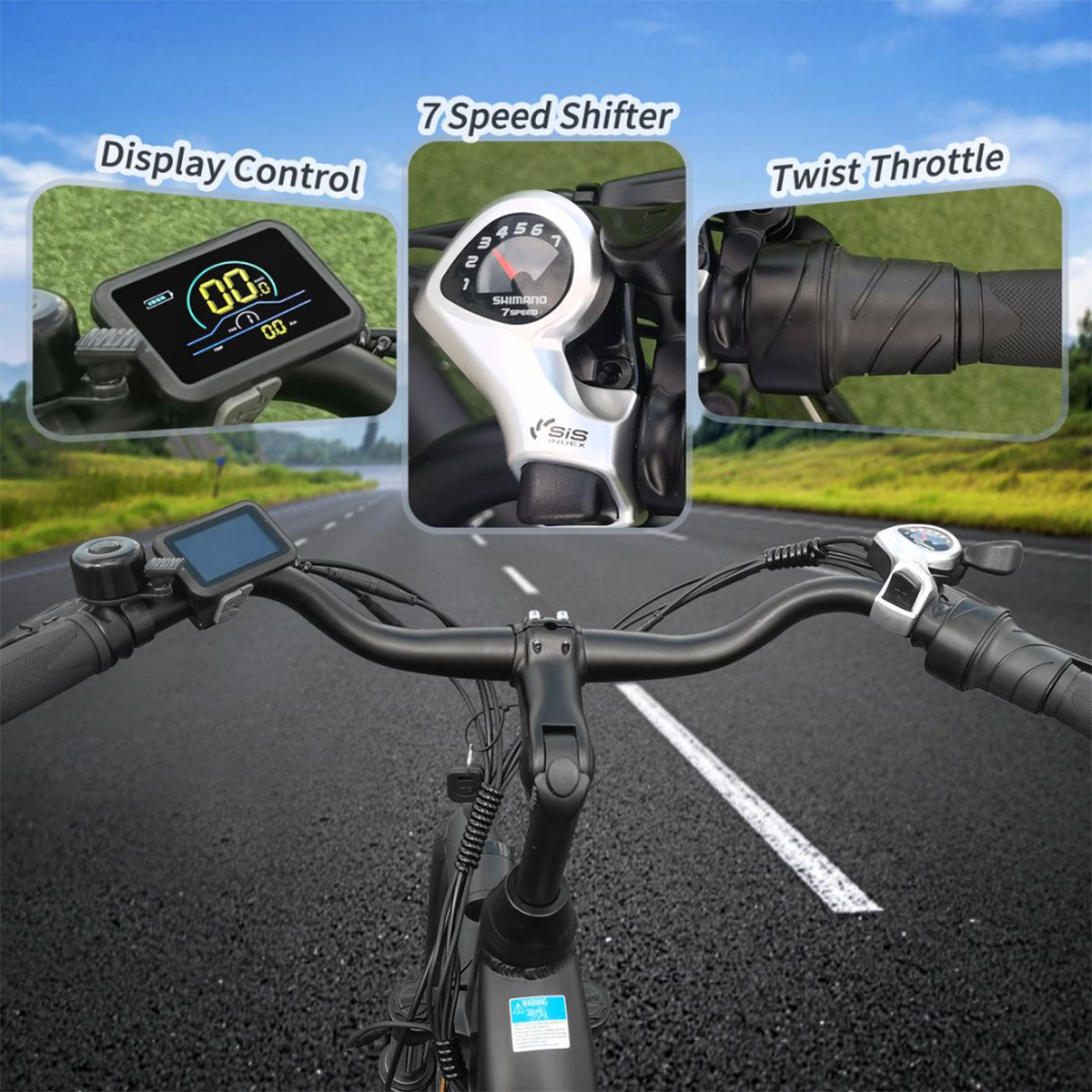 Kierownica roweru elektrycznego z wyświetlaczem, 7-biegową przerzutką, asfalt.
