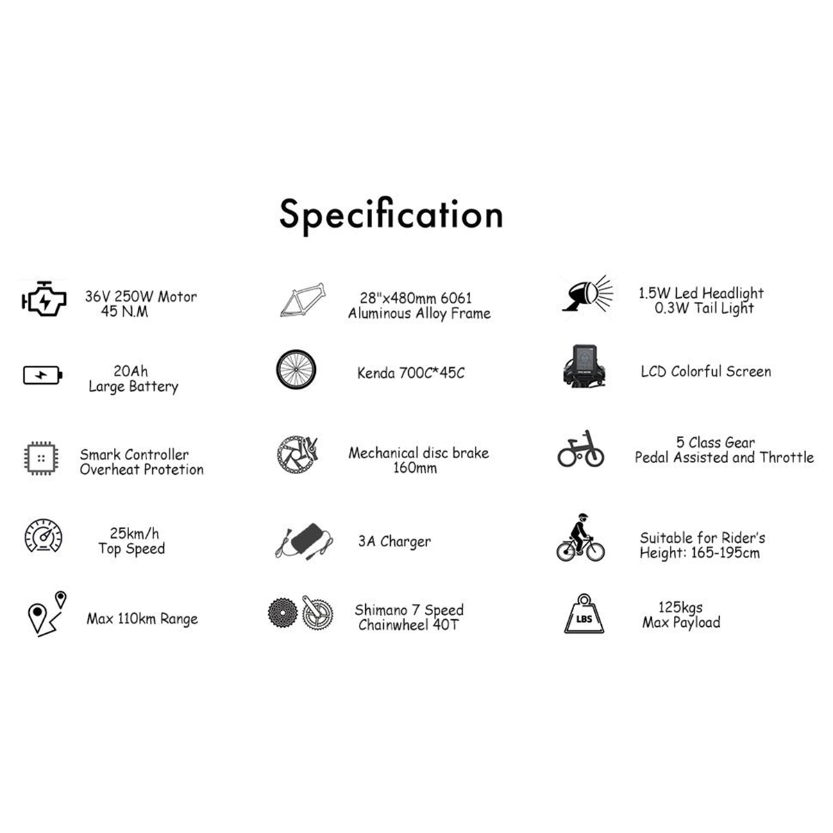 Tabela specyfikacji roweru elektrycznego. Zawiera silnik, akumulator, zasięg, prędkość maksymalną i inne szczegóły.