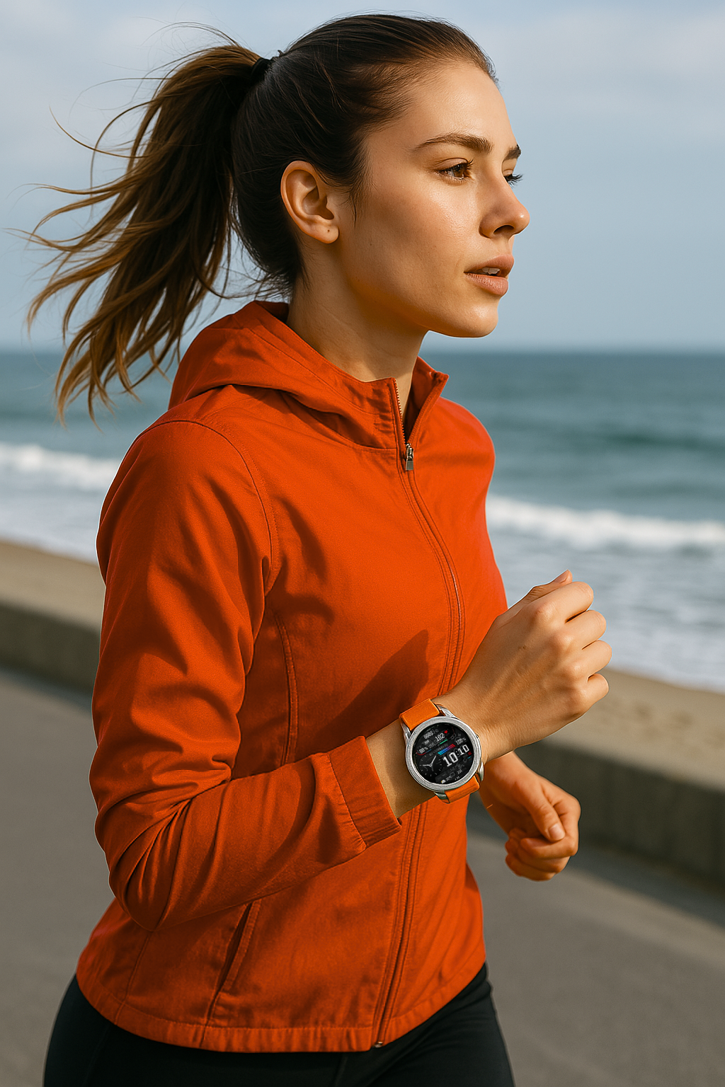 Kobieta biegnie w czerwonej kurtce, smartwatch na nadgarstku, blisko plaży.