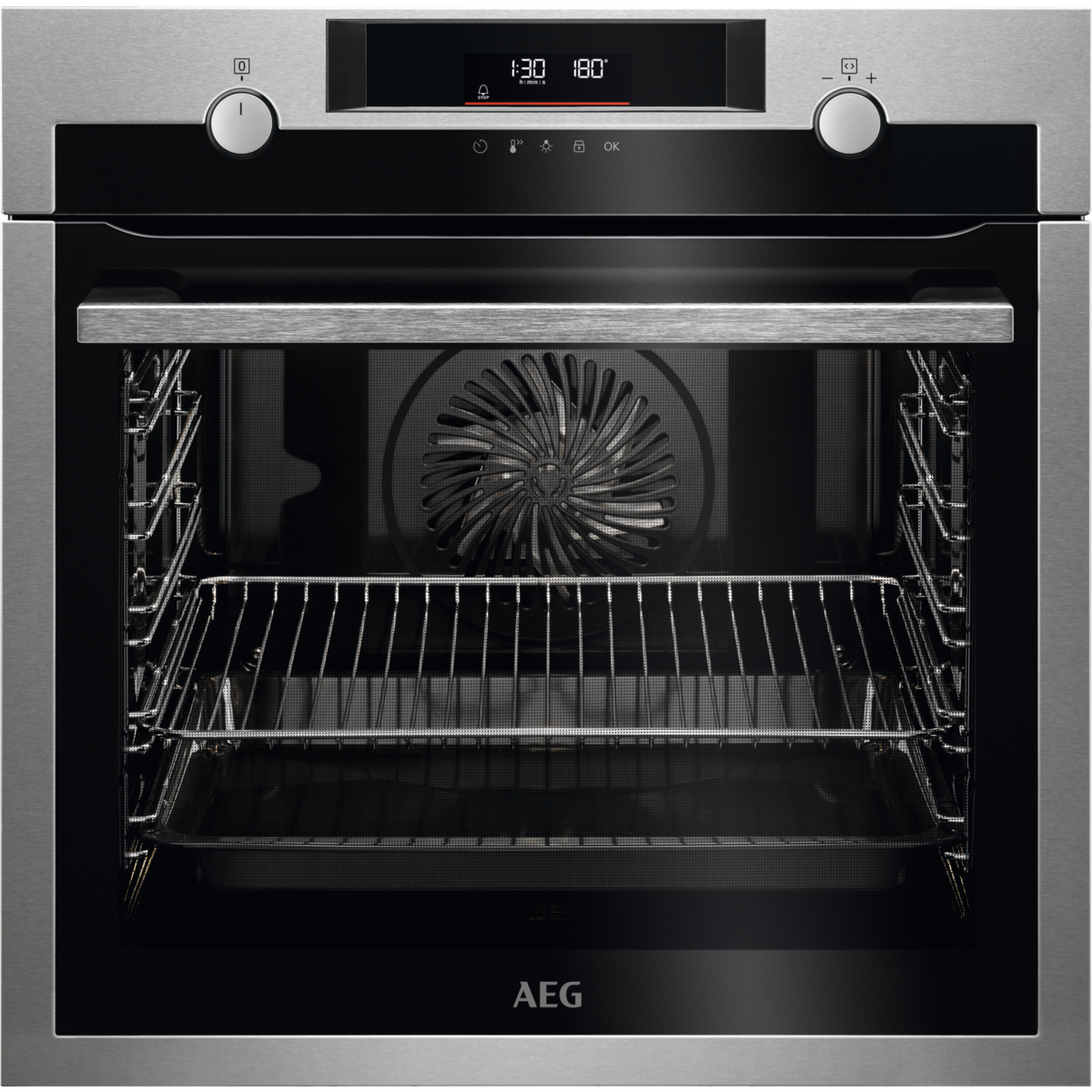 Rvs oven. De deur is open en toont het interieur met rekken. Het bedieningspaneel bevindt zich bovenop.