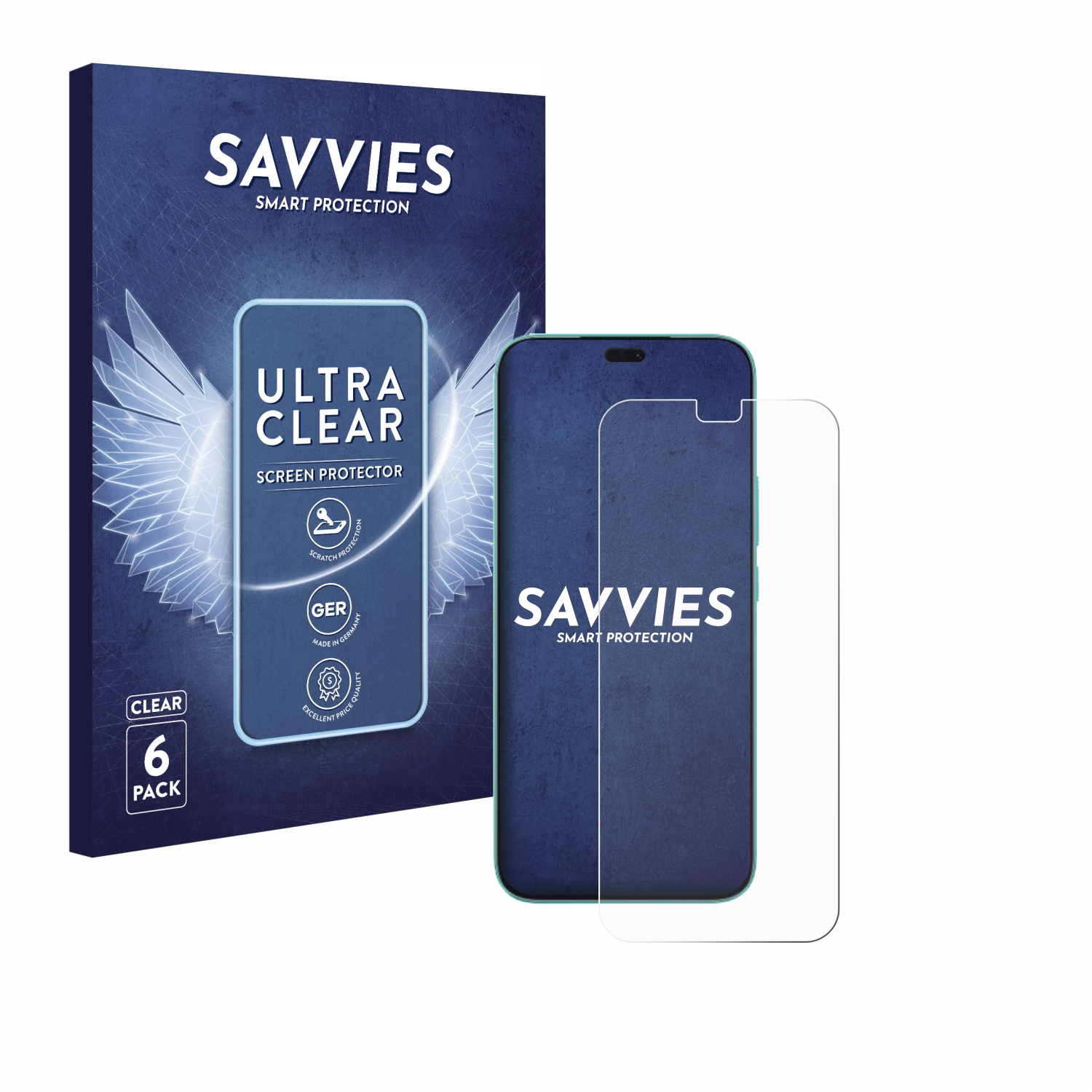 Telefon und Displayschutzfolienbox mit einer klaren Displayschutzfolie daneben.