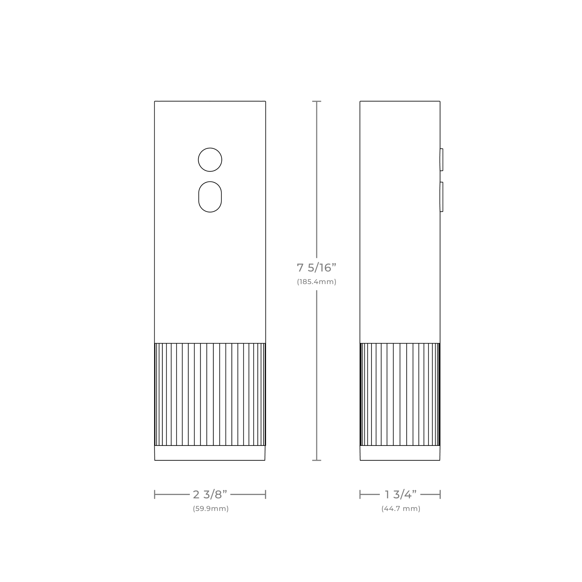 Zwei Architekturzeichnungen mit Abmessungen, die ein Design eines vertikalen Elements zeigen.