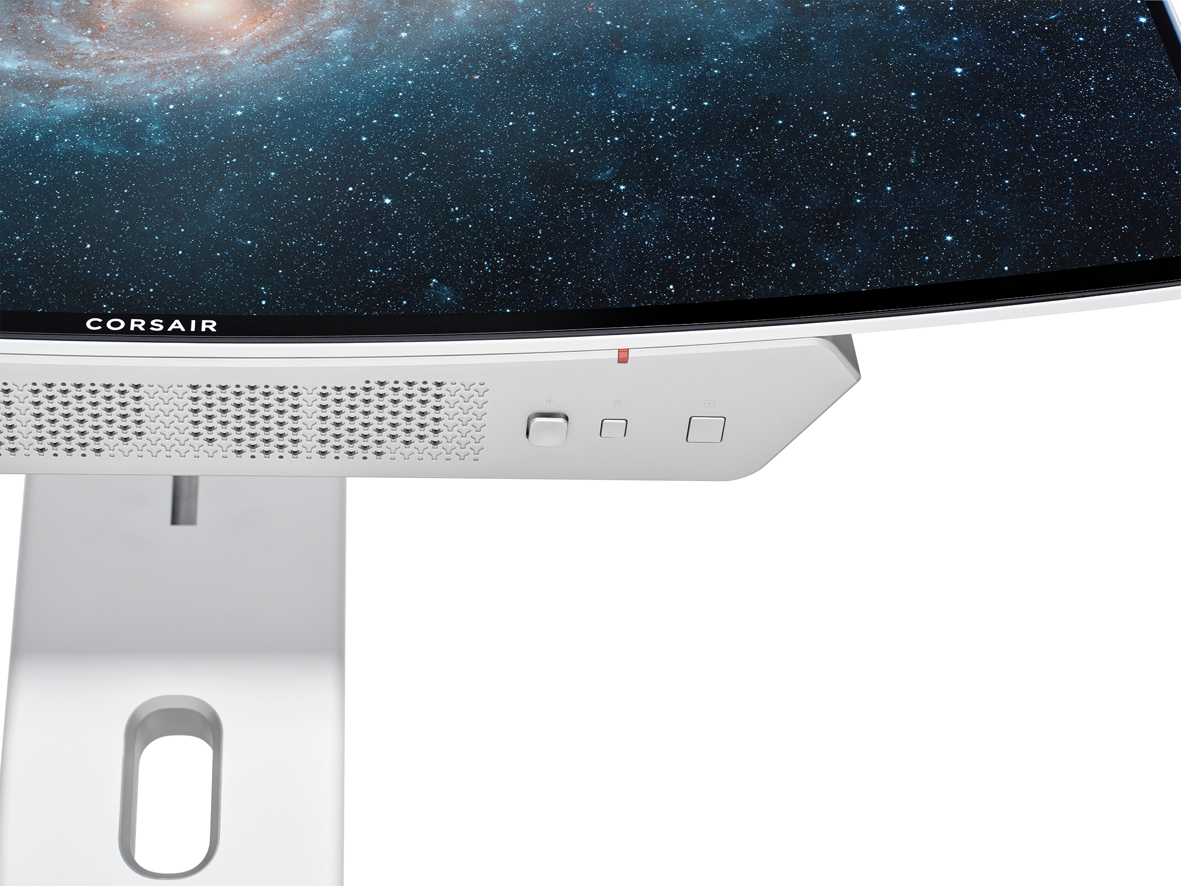 Biały monitor komputerowy z zakrzywionym ekranem i tapetą z gwieździstym niebem.