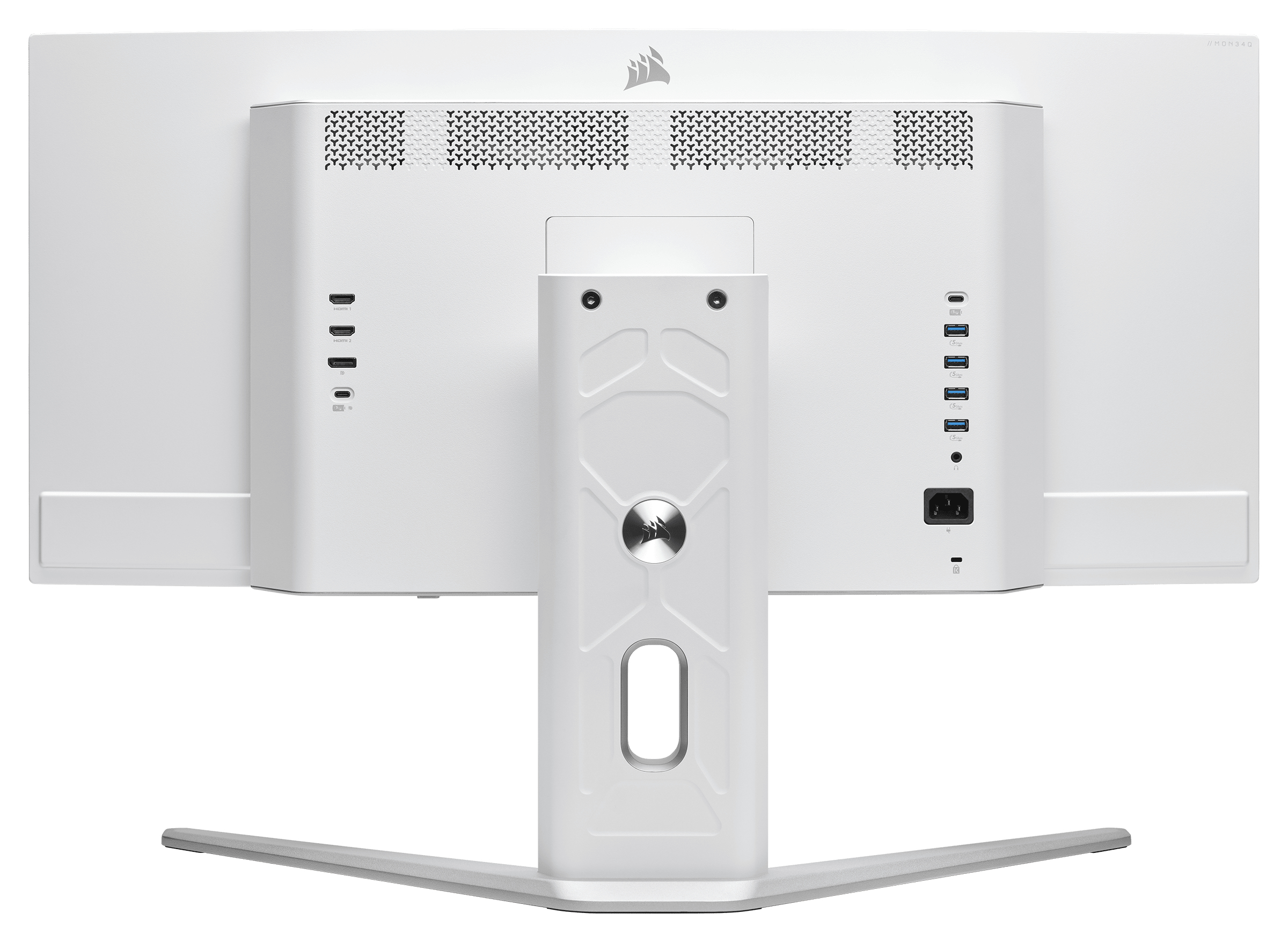 Widok z tyłu białego monitora komputera z wieloma portami na białym stojaku.